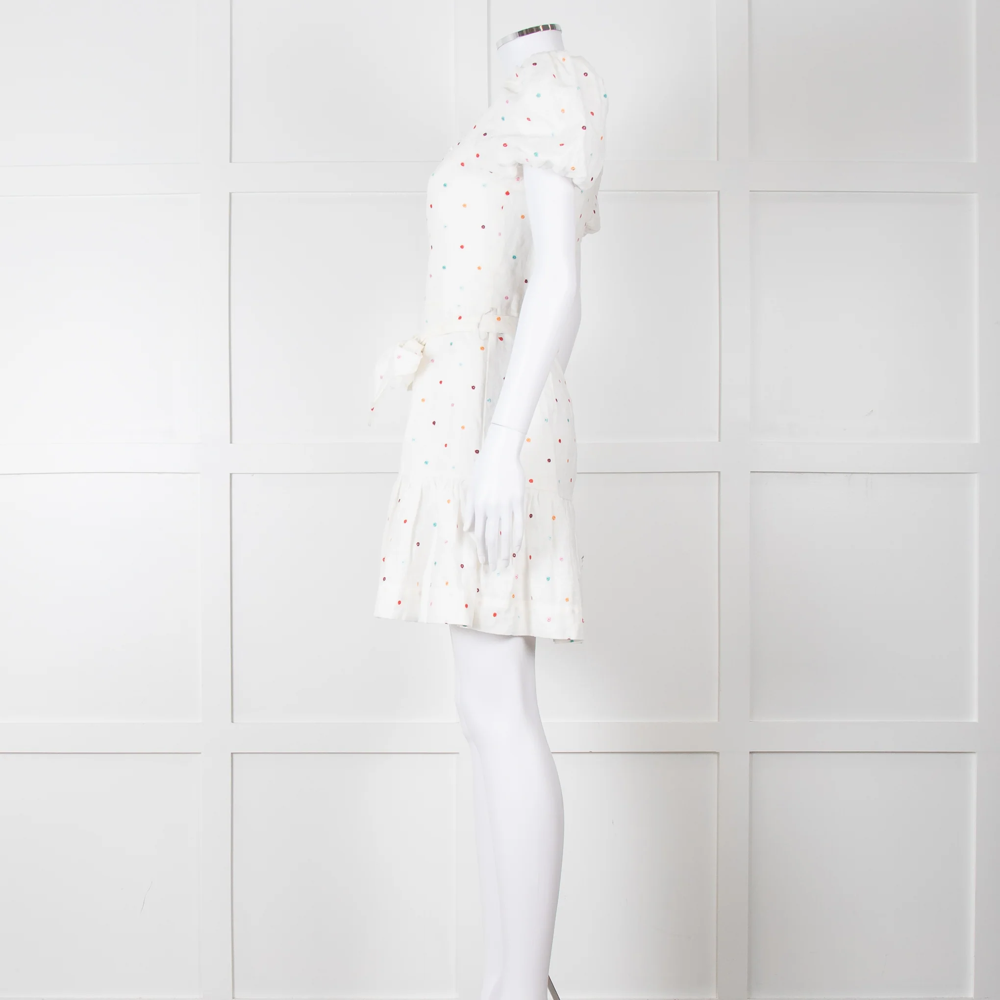 Rebecca Vallance Cream Multi Coloured Embroidered Dots Cotton Mini Dress - Image 3