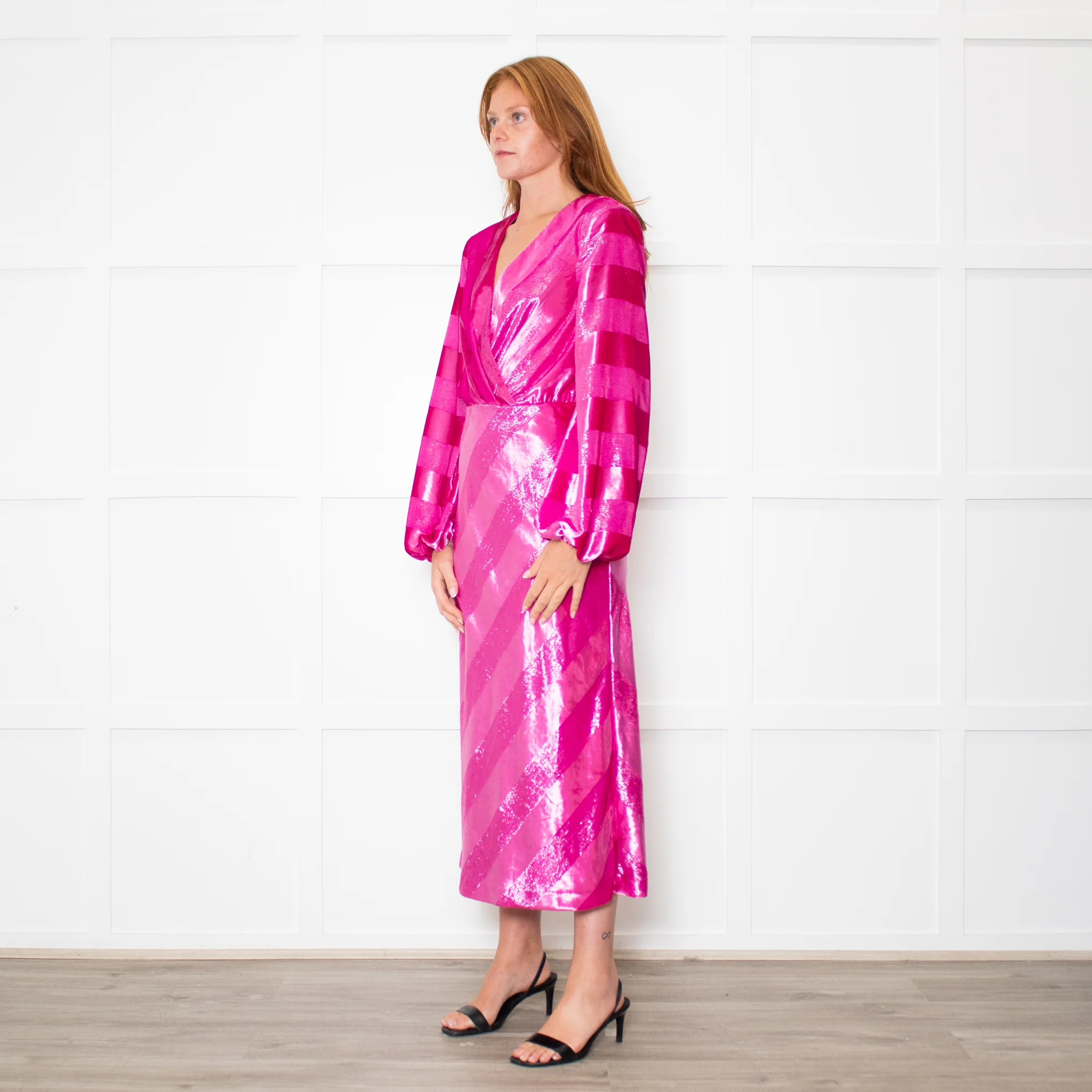Rebecca Vallance Magenta Pink Velvet Striped V-Neck Dress - Image 3