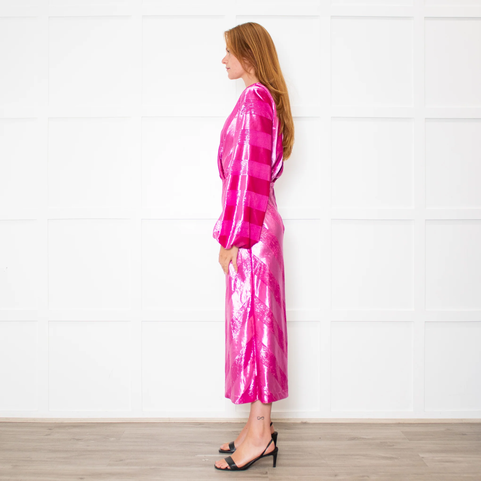 Rebecca Vallance Magenta Pink Velvet Striped V-Neck Dress - Image 4