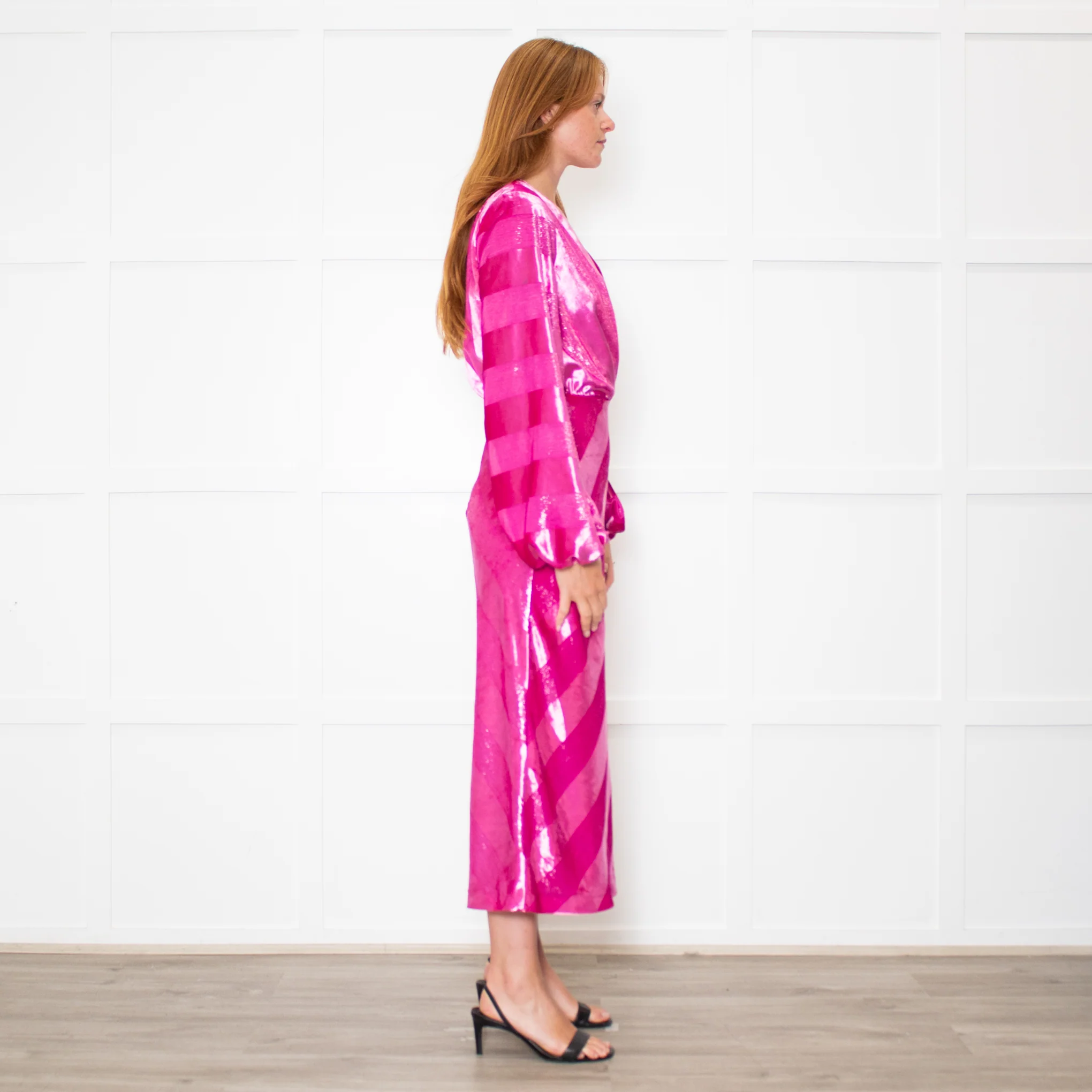 Rebecca Vallance Magenta Pink Velvet Striped V-Neck Dress - Image 6
