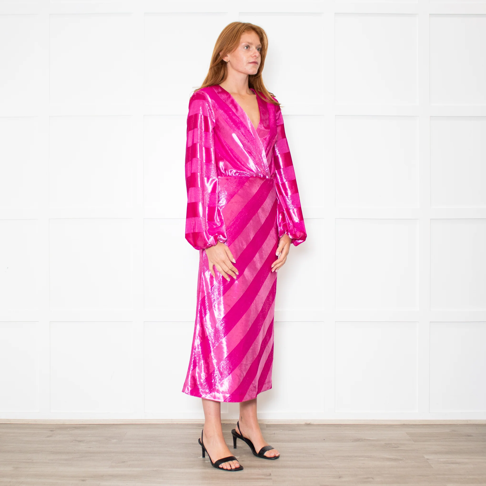 Rebecca Vallance Magenta Pink Velvet Striped V-Neck Dress - Image 7