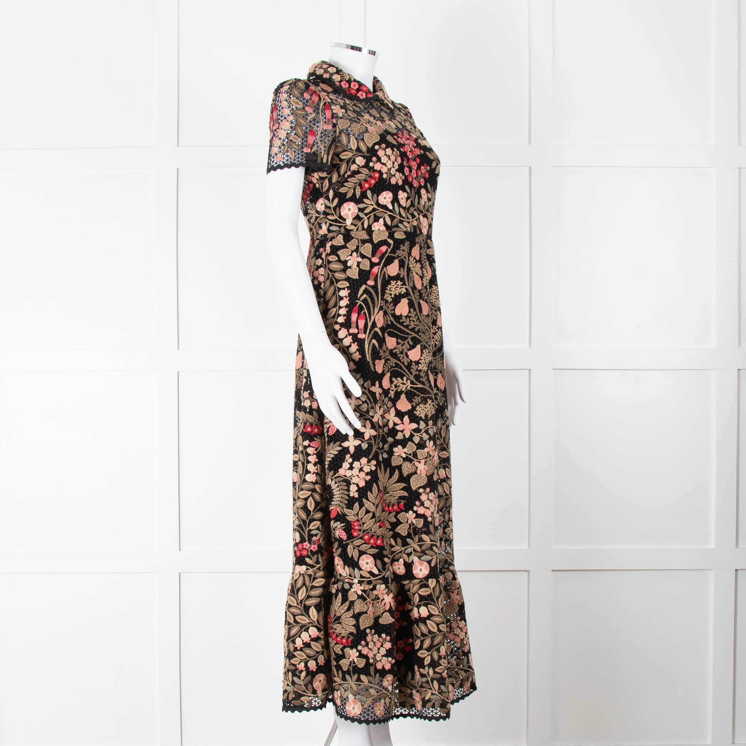Red Valentino Black Lace Pink and Green Floral Embroidered Midi Dress - Image 2