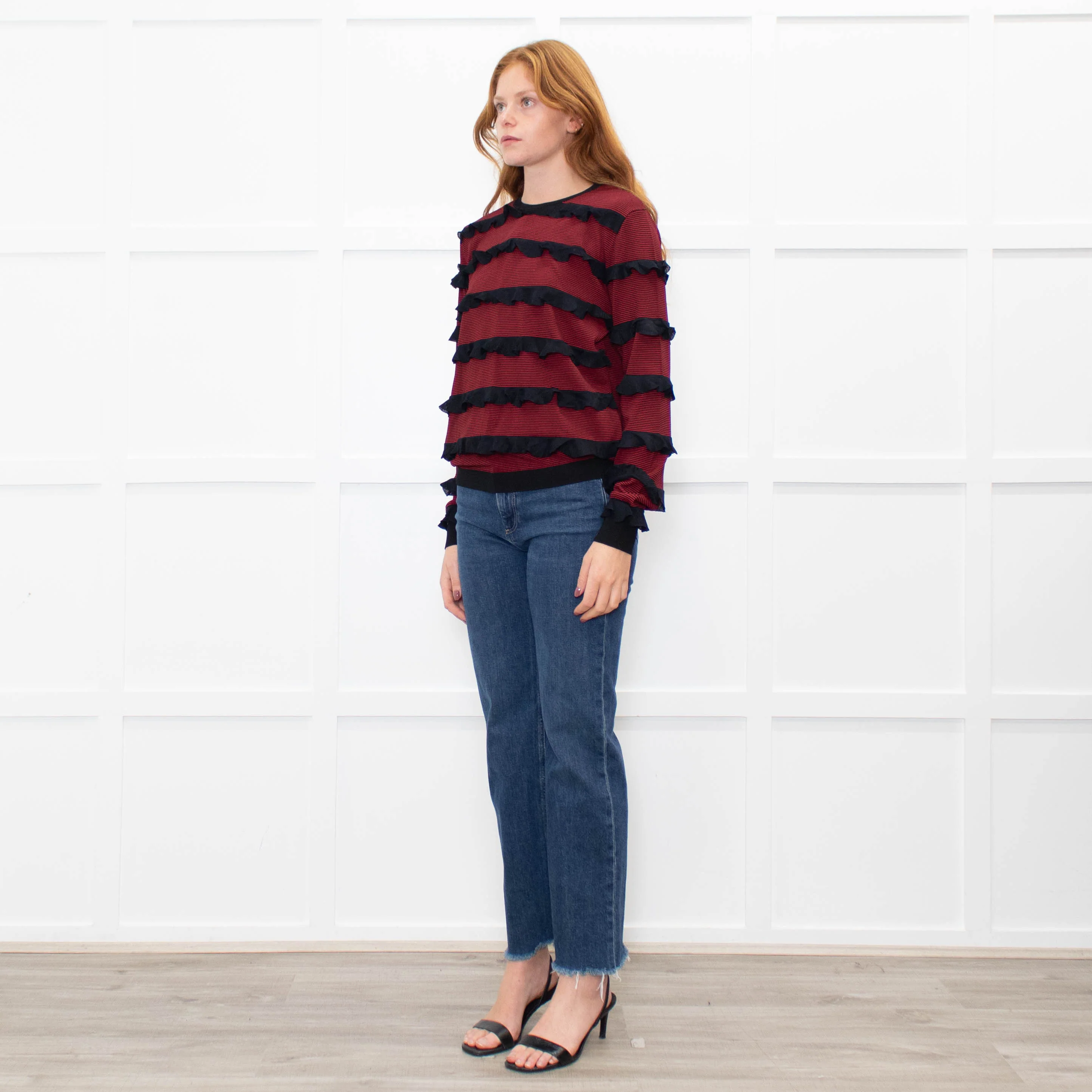 Red Valentino Black Red Striped Frilled Long Sleeve Top - Image 3