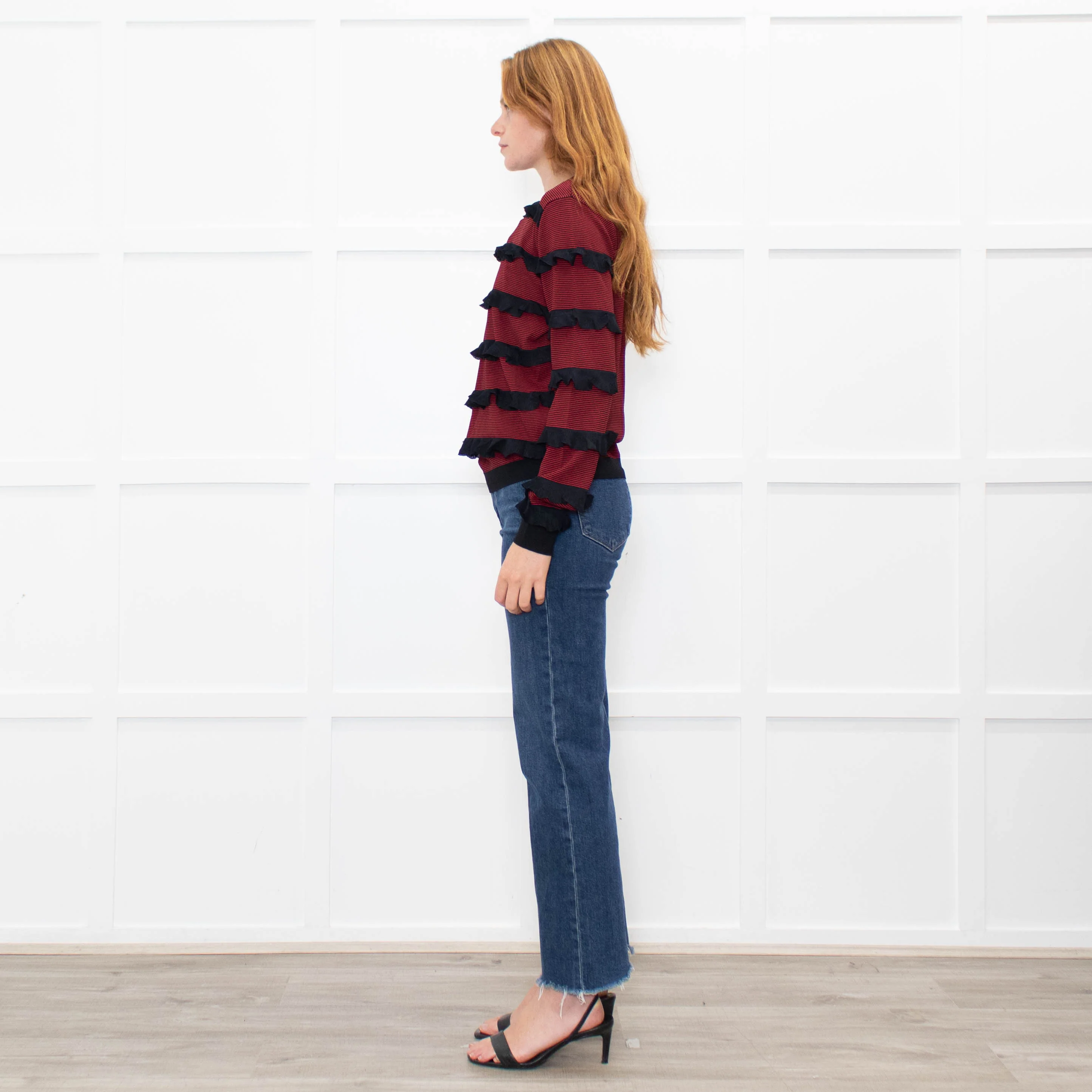 Red Valentino Black Red Striped Frilled Long Sleeve Top - Image 4
