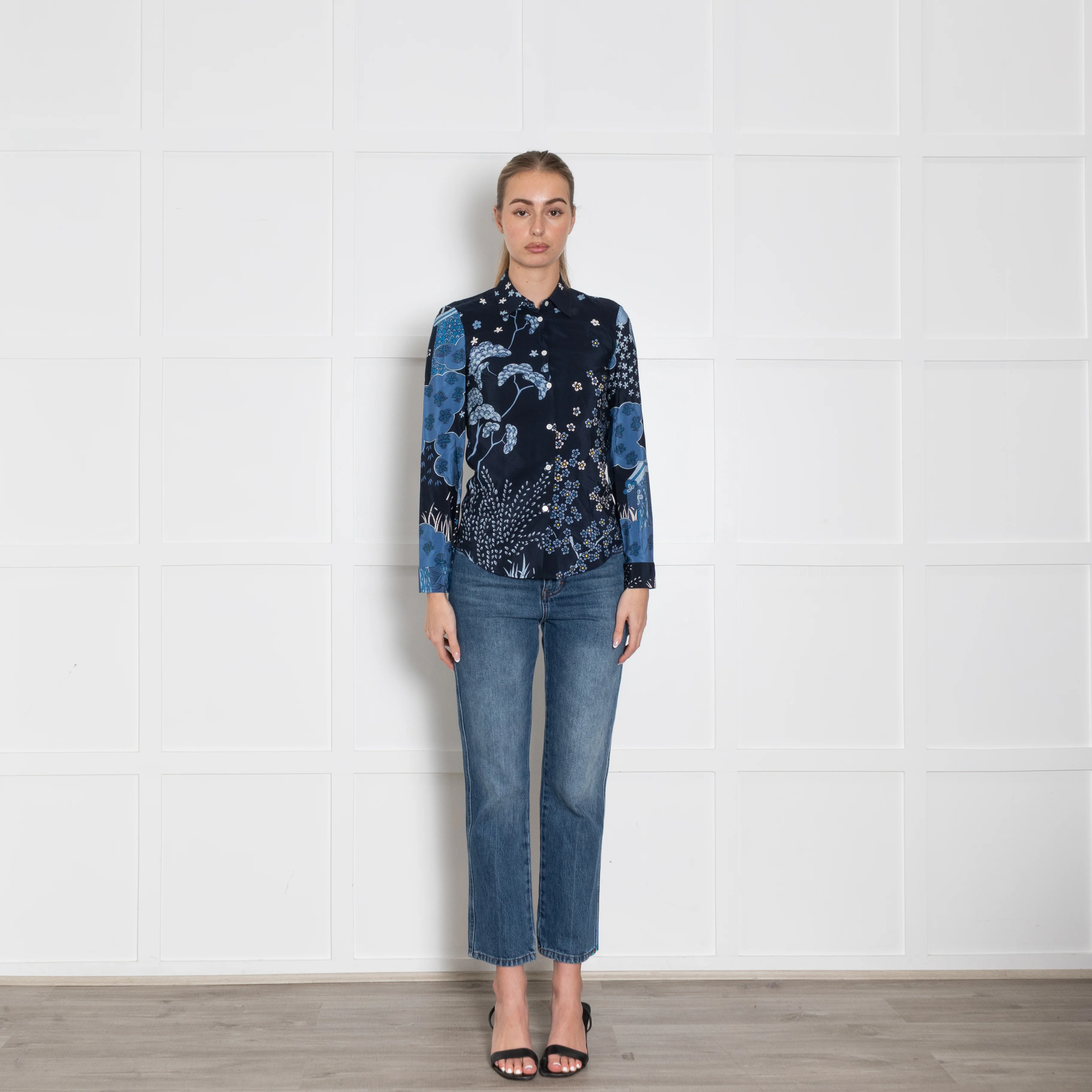 Red Valentino Blue Mix Flower Print Silk Shirt