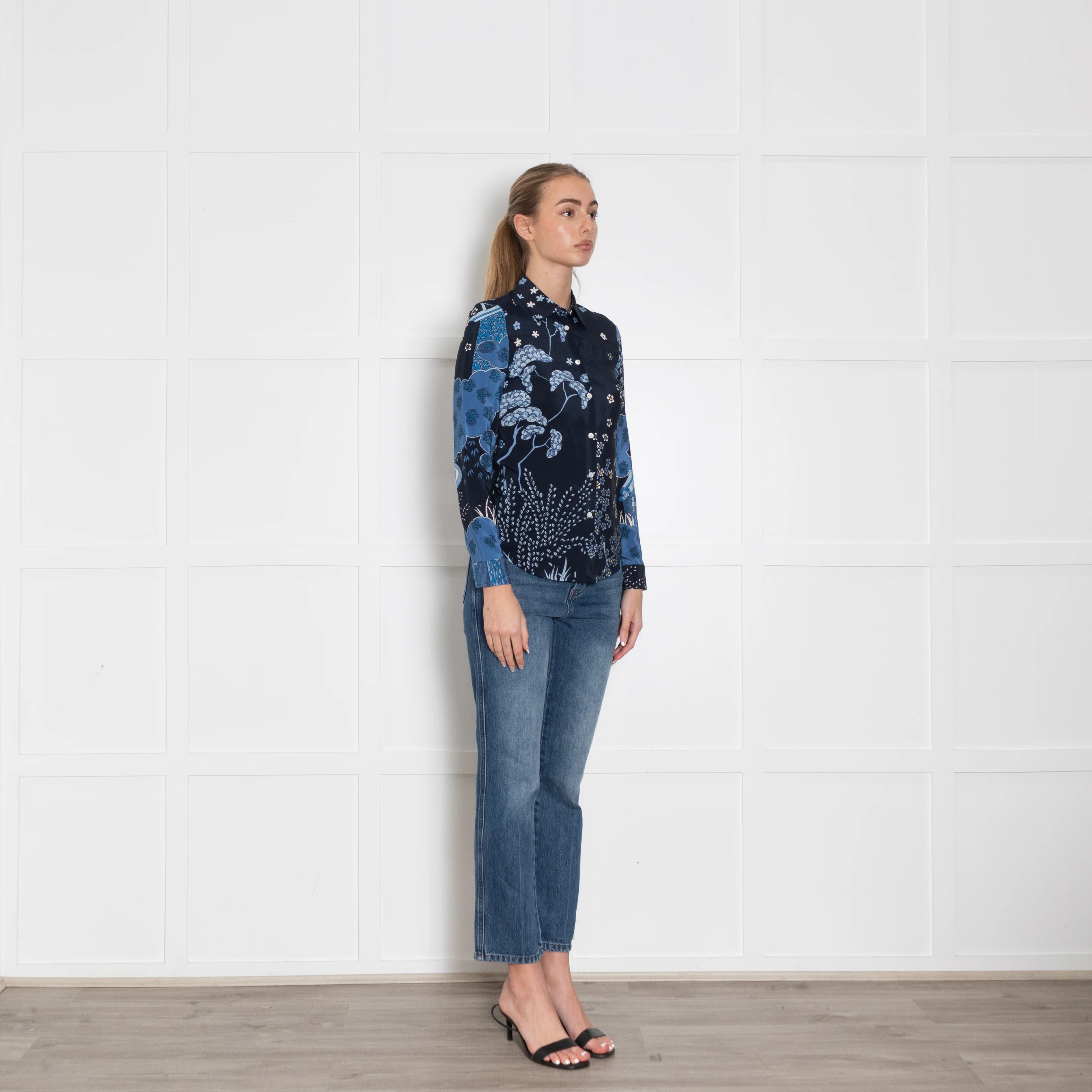 Red Valentino Blue Mix Flower Print Silk Shirt - Image 7