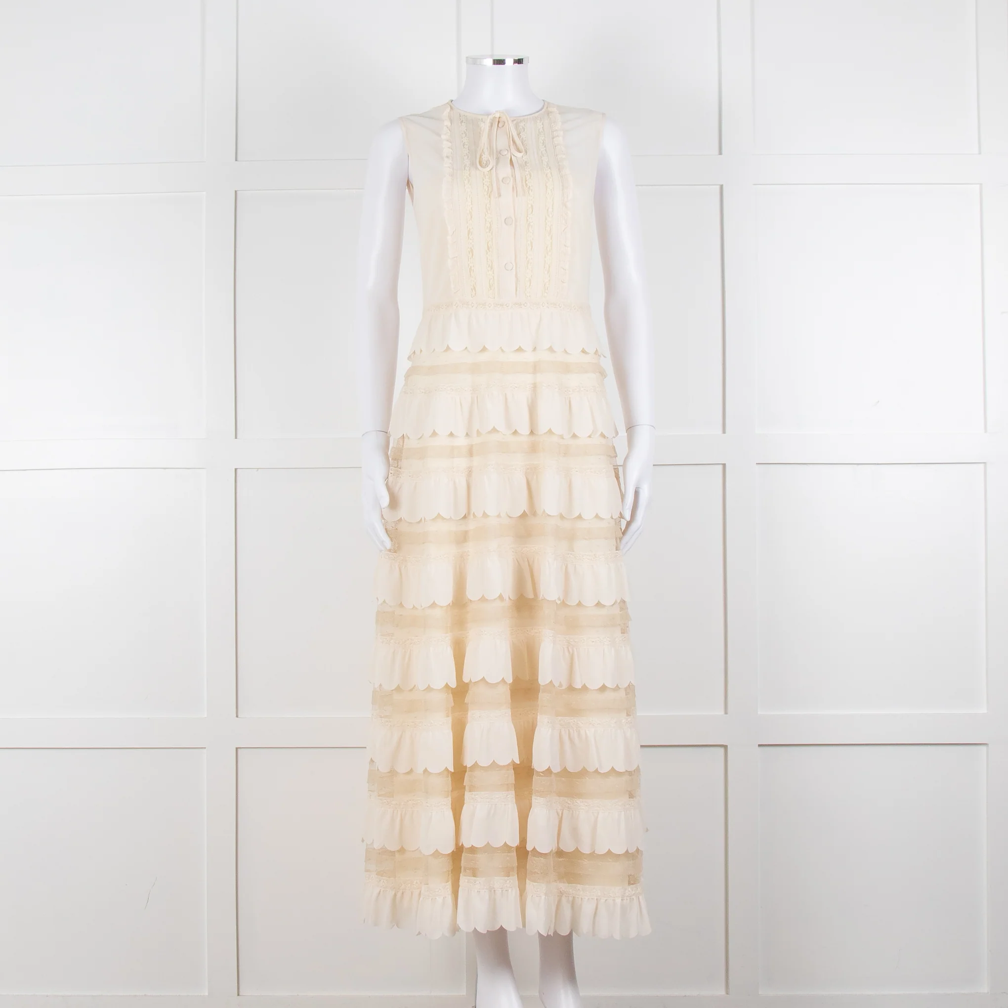 Red Valentino Cream Crepe And Lace Tiered Dress With Slip
