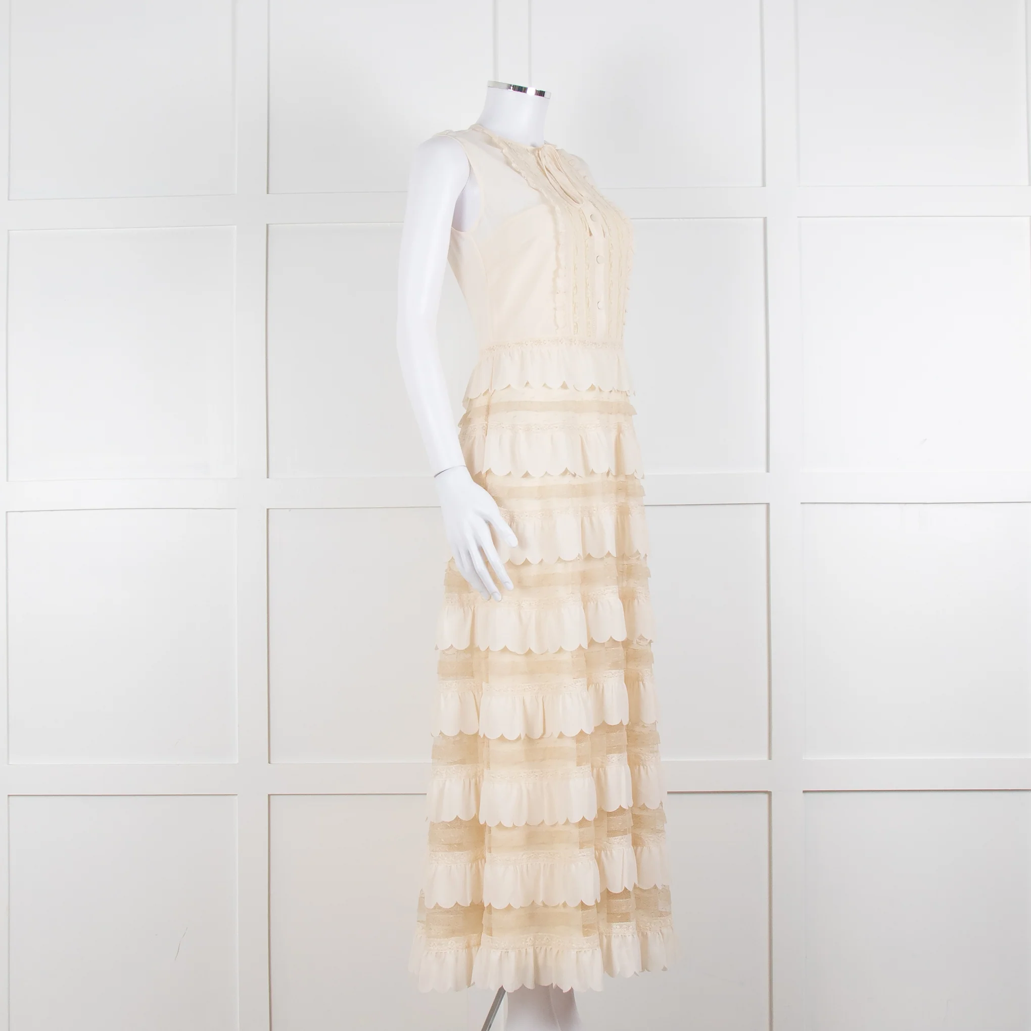 Red Valentino Cream Crepe And Lace Tiered Dress With Slip - Image 2