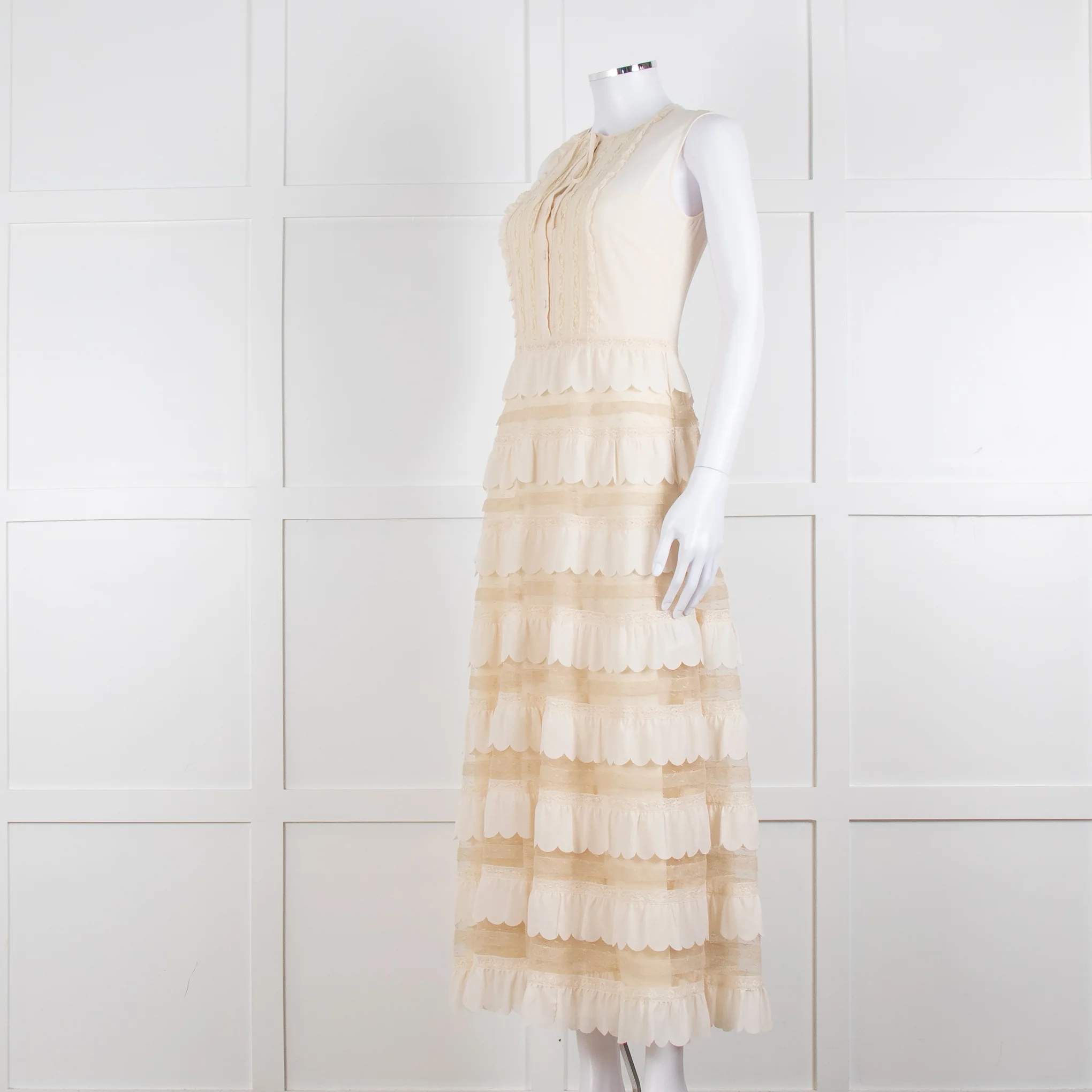 Red Valentino Cream Crepe And Lace Tiered Dress With Slip - Image 8