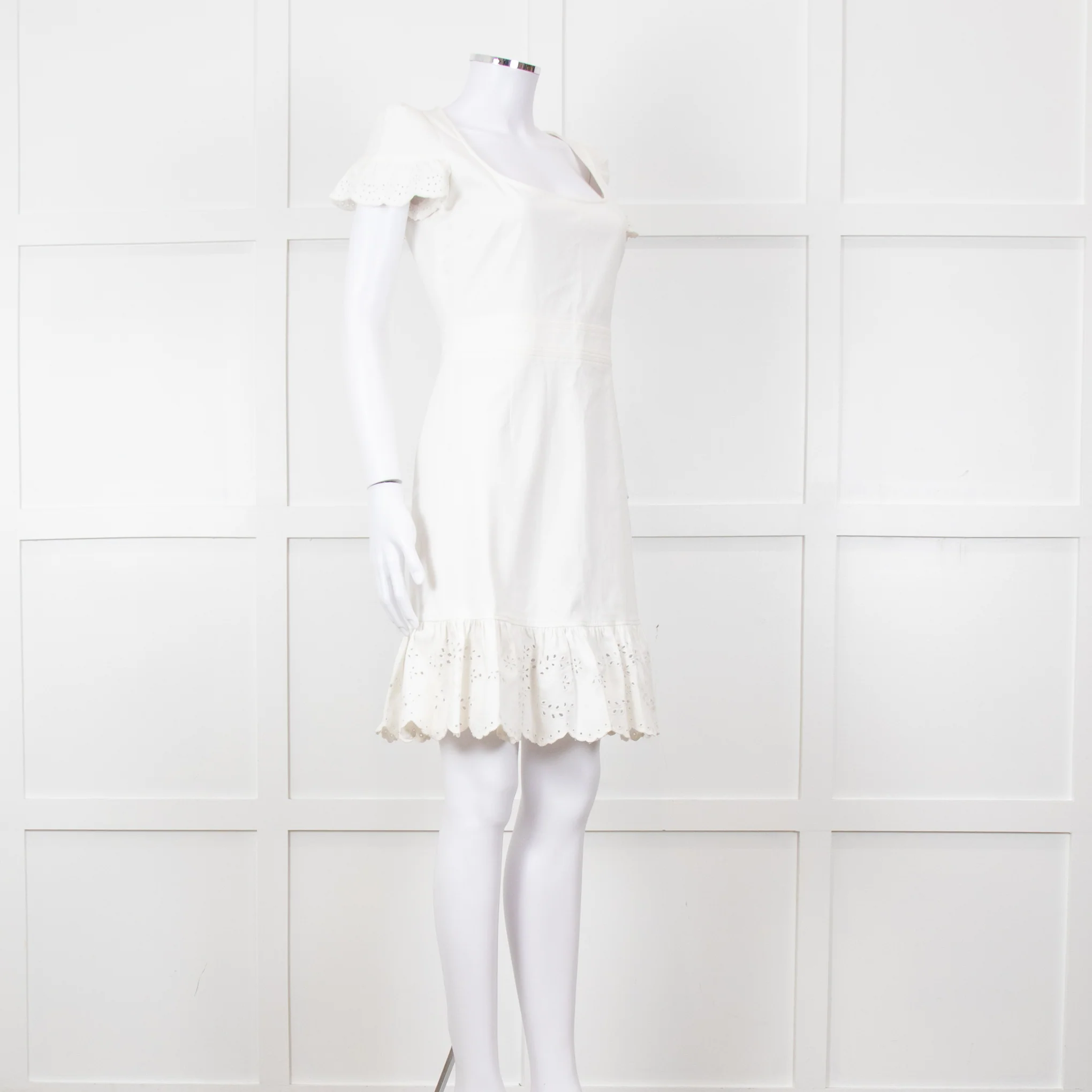 Red Valentino White Lace Trim Cotton Zip Back Dress - Image 2