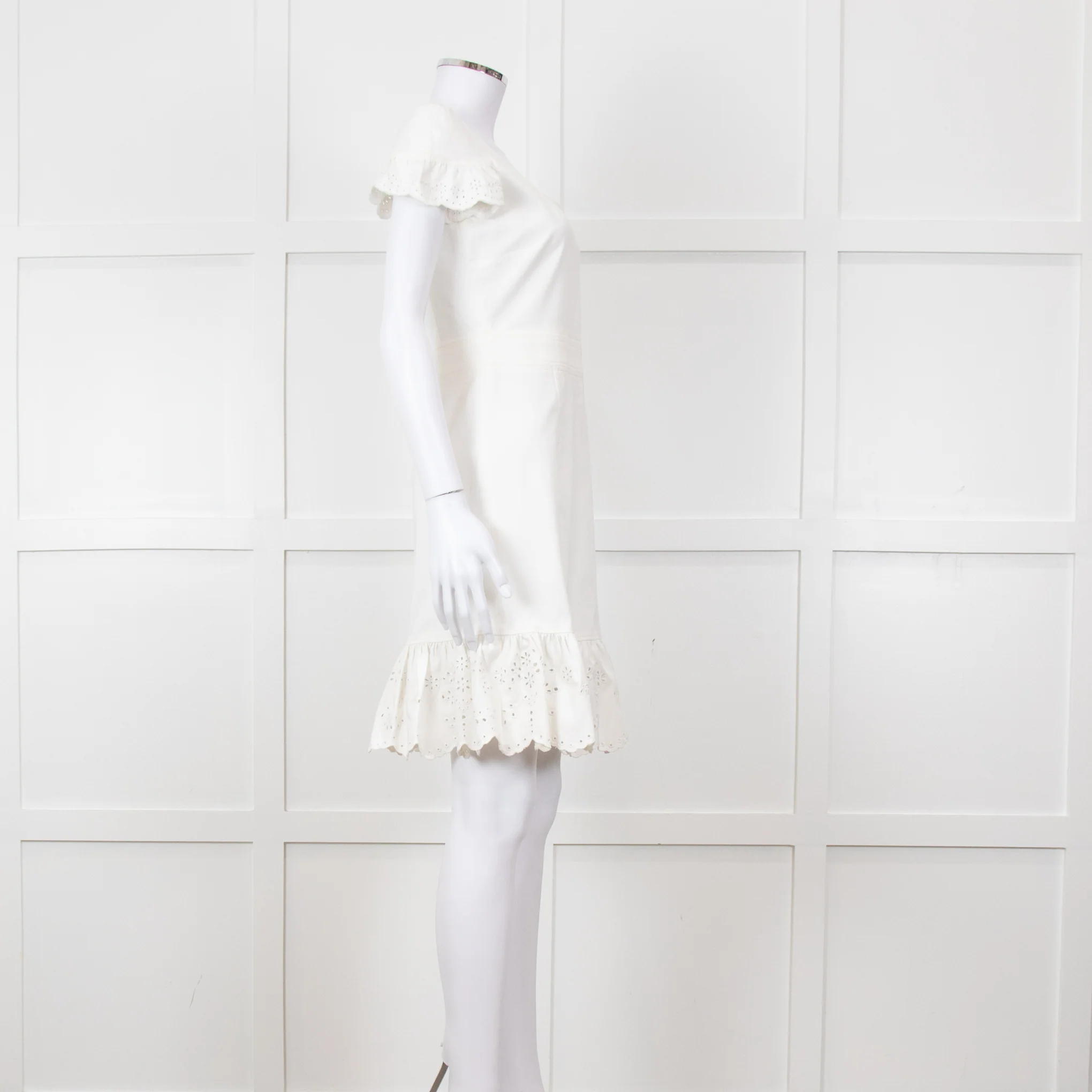 Red Valentino White Lace Trim Cotton Zip Back Dress - Image 3