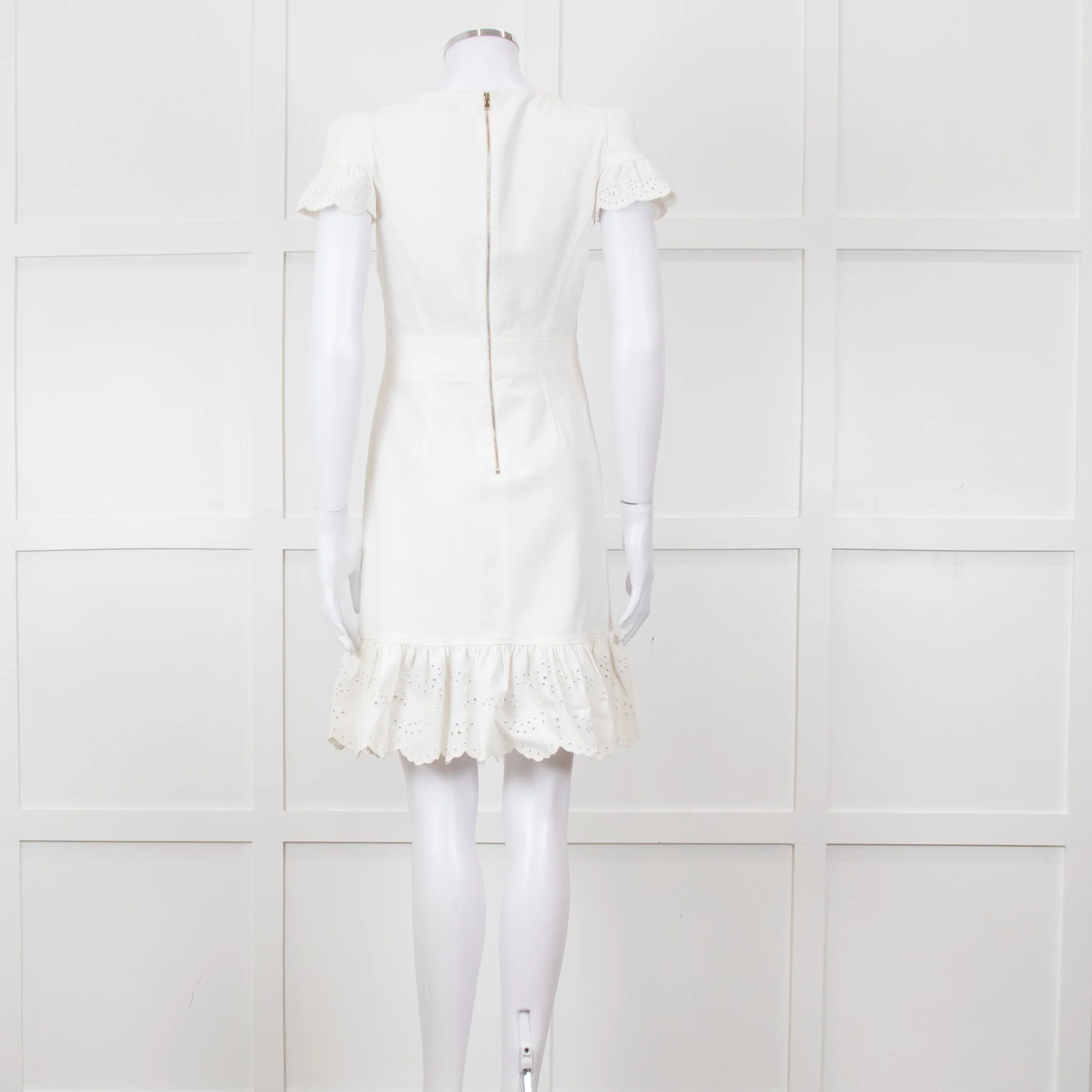 Red Valentino White Lace Trim Cotton Zip Back Dress - Image 5