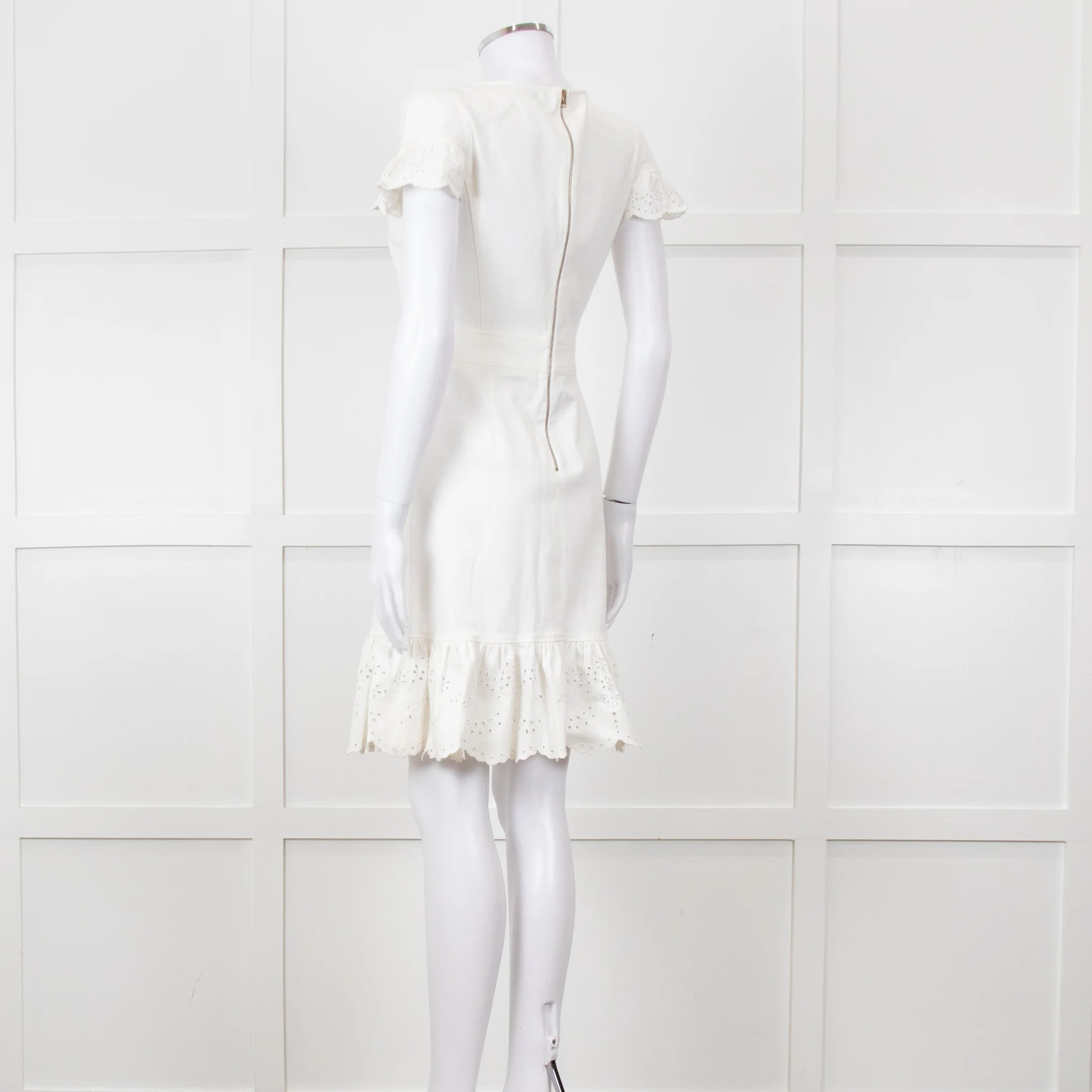 Red Valentino White Lace Trim Cotton Zip Back Dress - Image 6