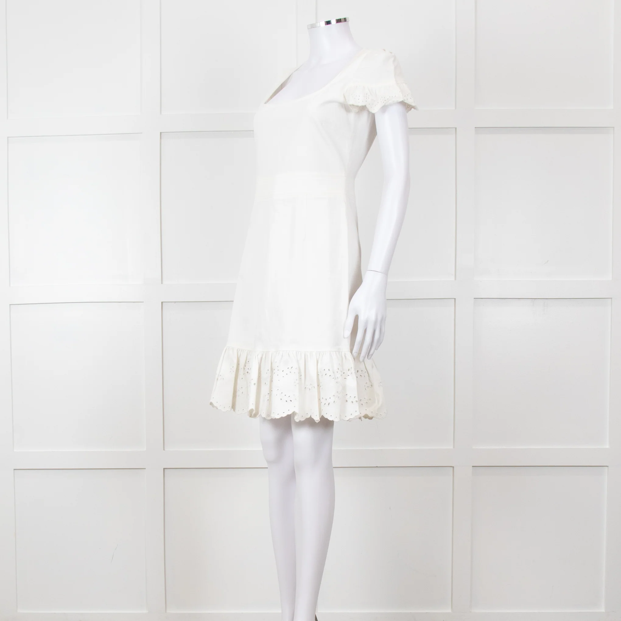 Red Valentino White Lace Trim Cotton Zip Back Dress - Image 8