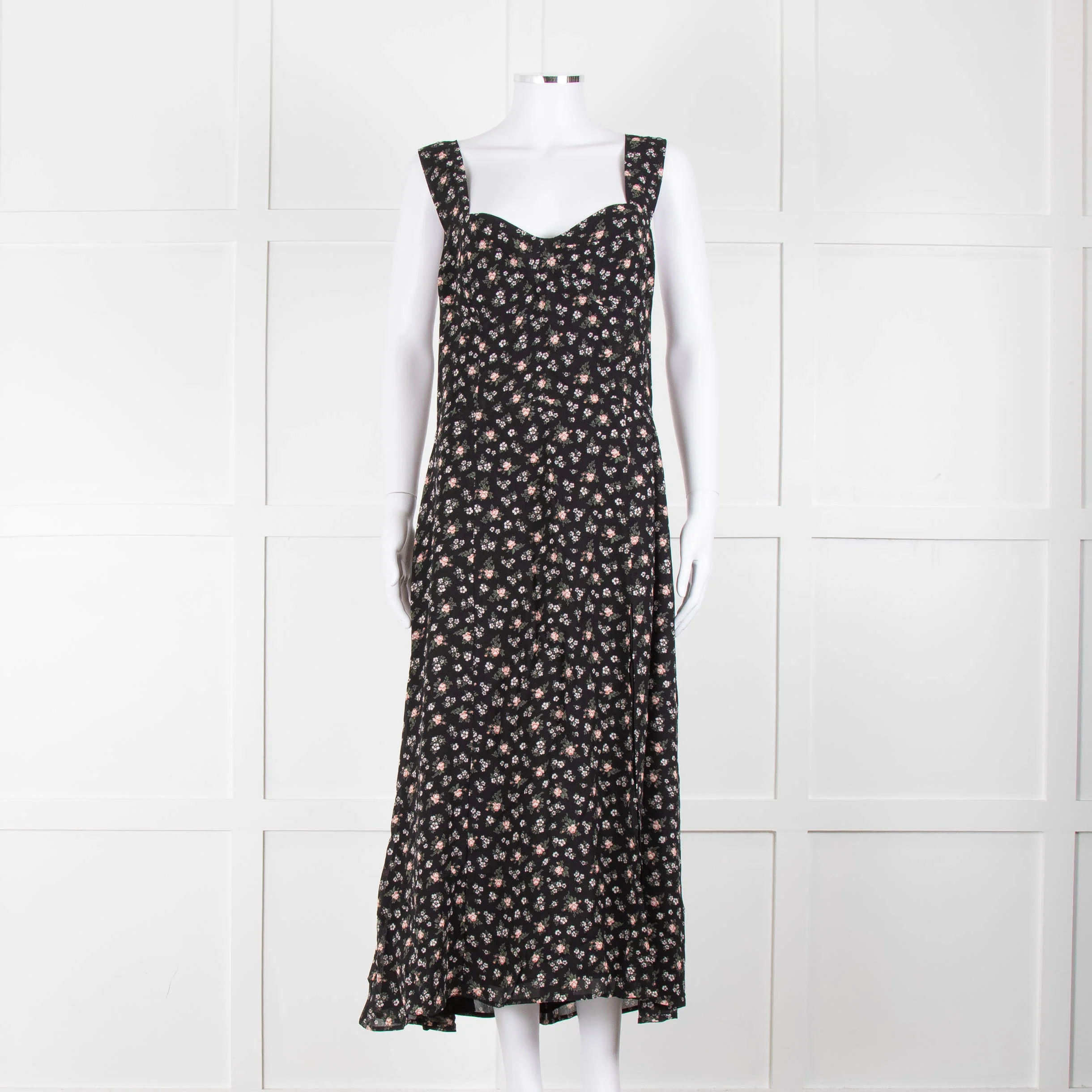 Reformation Black Pale Pink Rose Print Strappy Maxi Dress