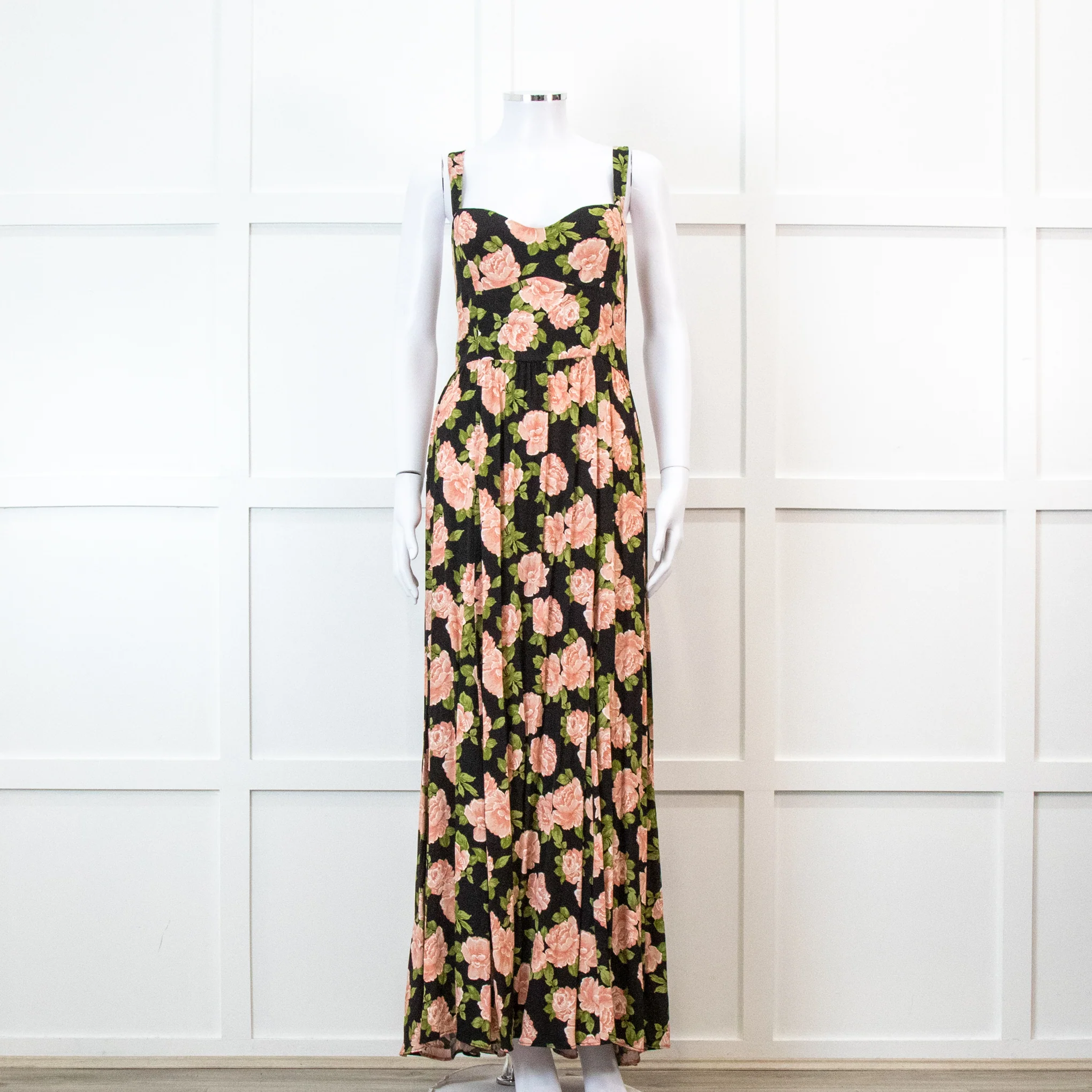 Reformation Black With Pink Floral Print Pleated Maxi Strap Dress
