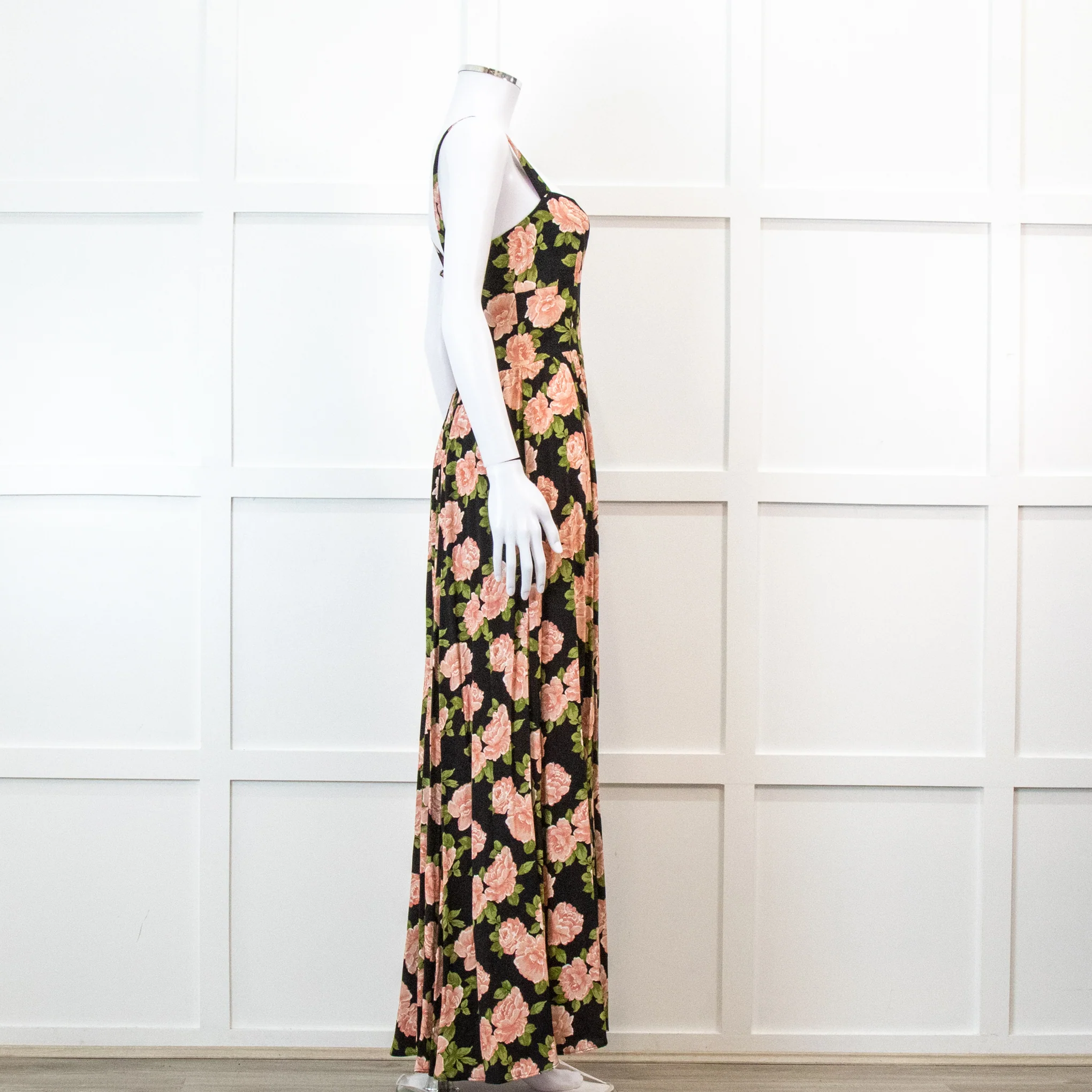 Reformation Black With Pink Floral Print Pleated Maxi Strap Dress - Image 3