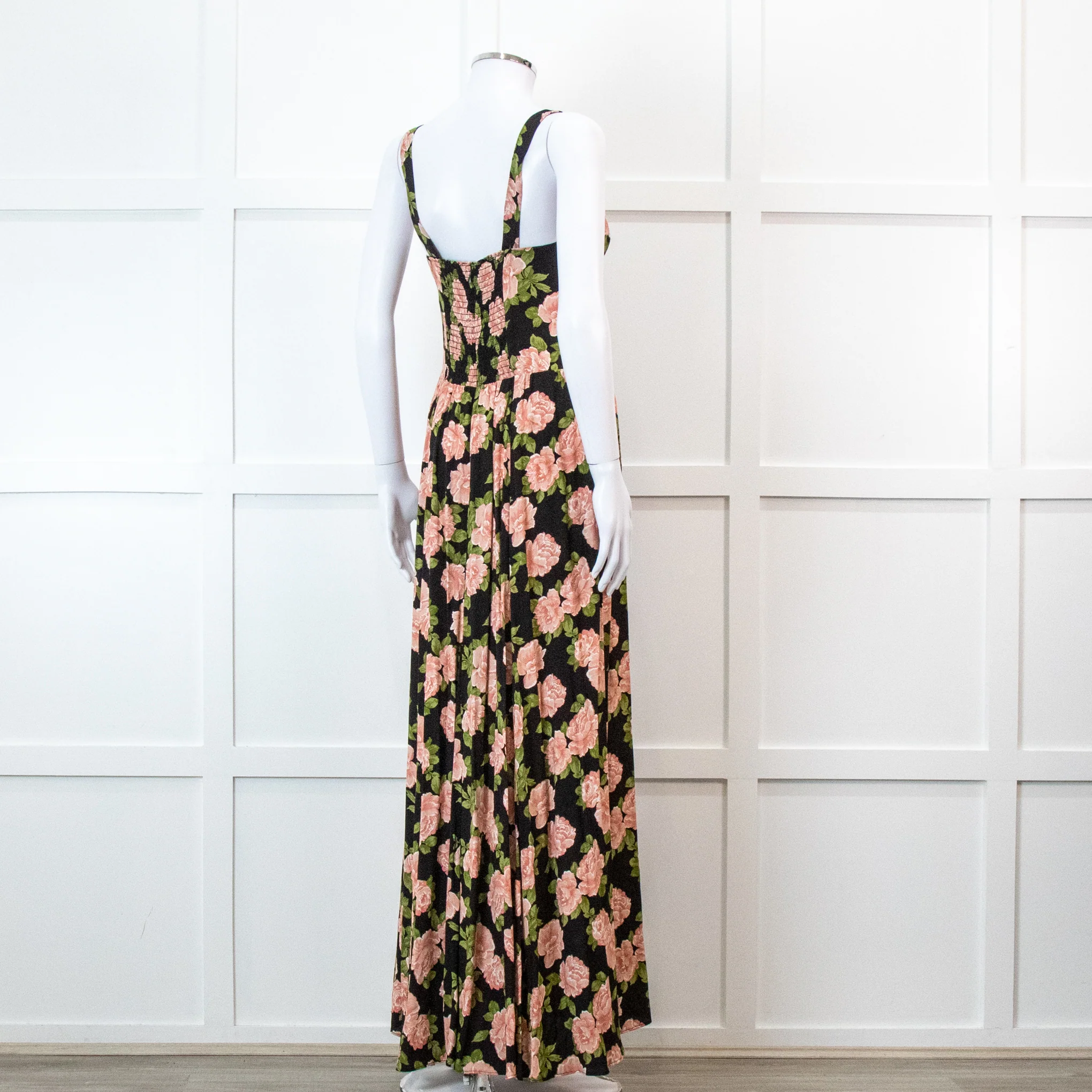 Reformation Black With Pink Floral Print Pleated Maxi Strap Dress - Image 4