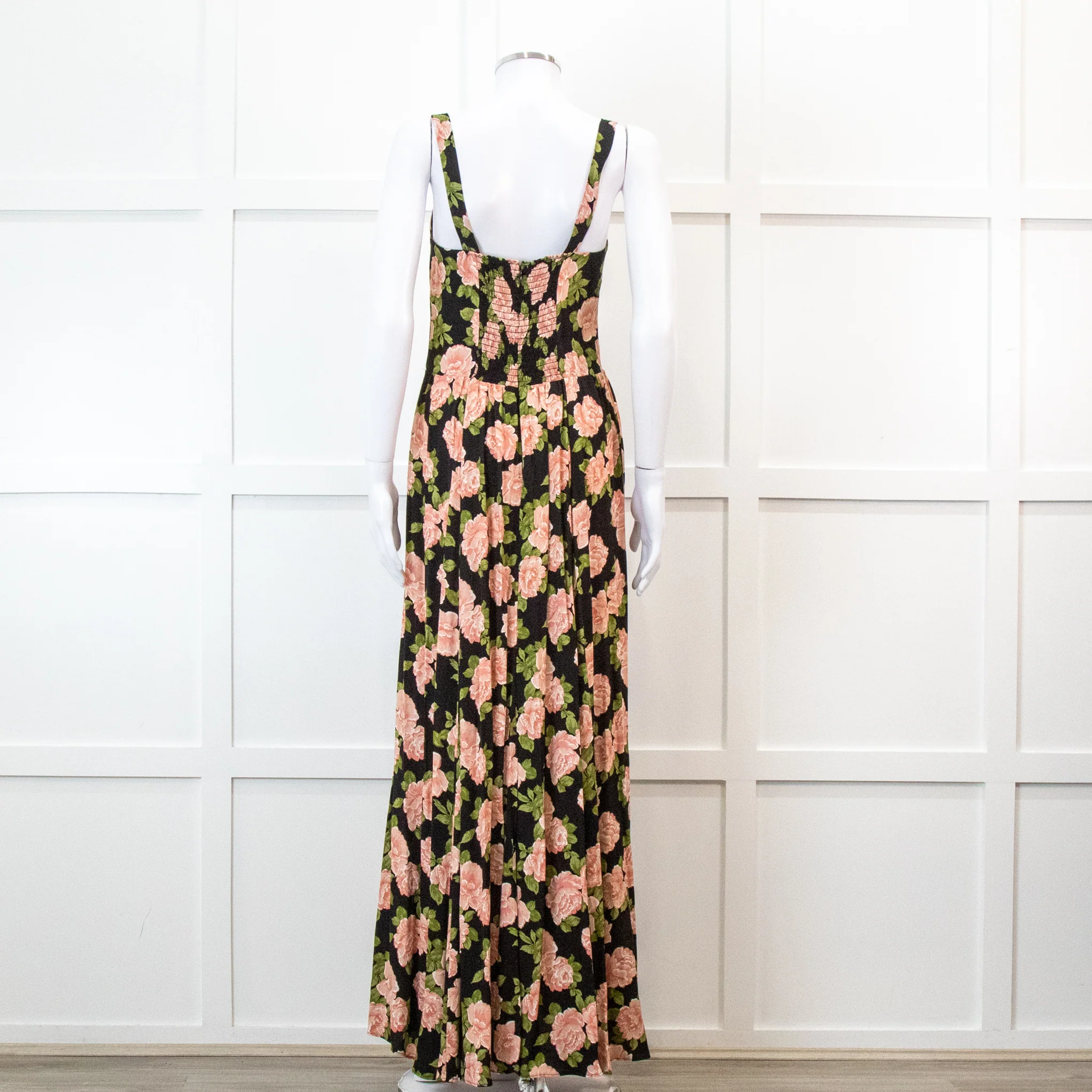 Reformation Black With Pink Floral Print Pleated Maxi Strap Dress - Image 5