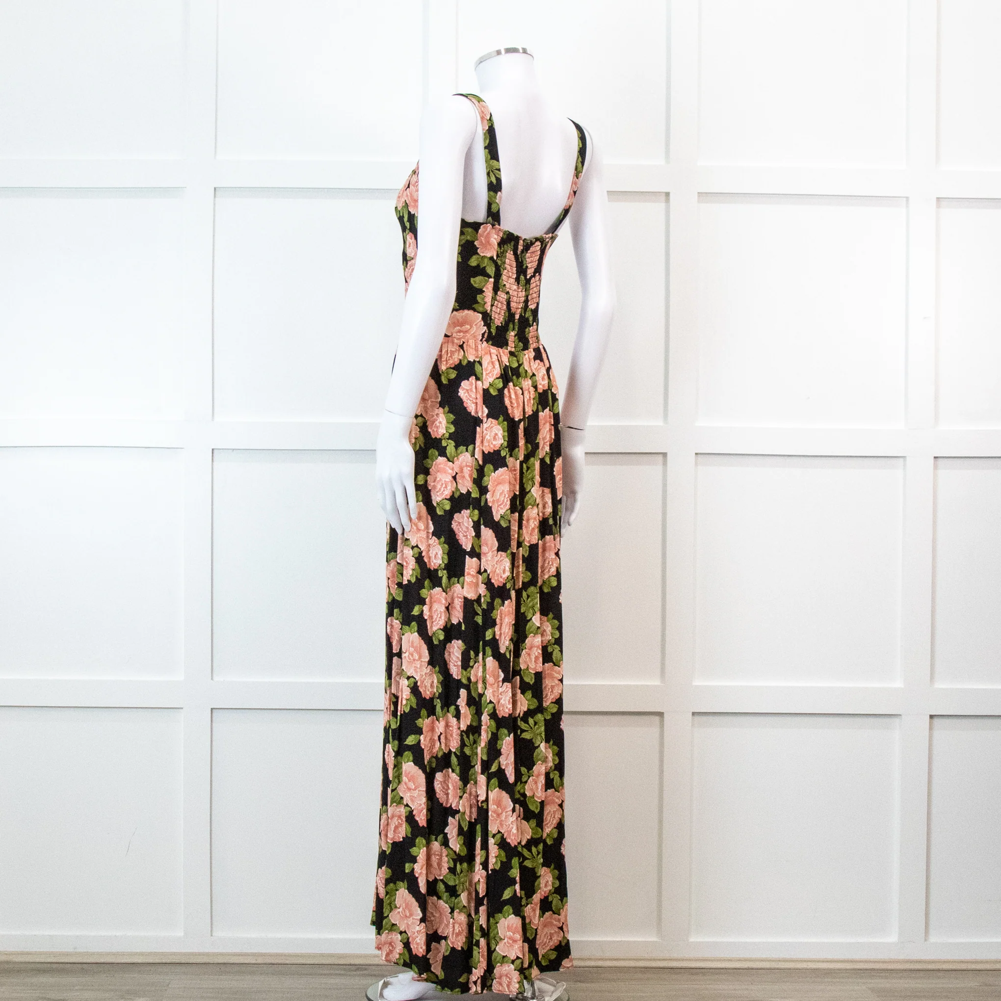 Reformation Black With Pink Floral Print Pleated Maxi Strap Dress - Image 6
