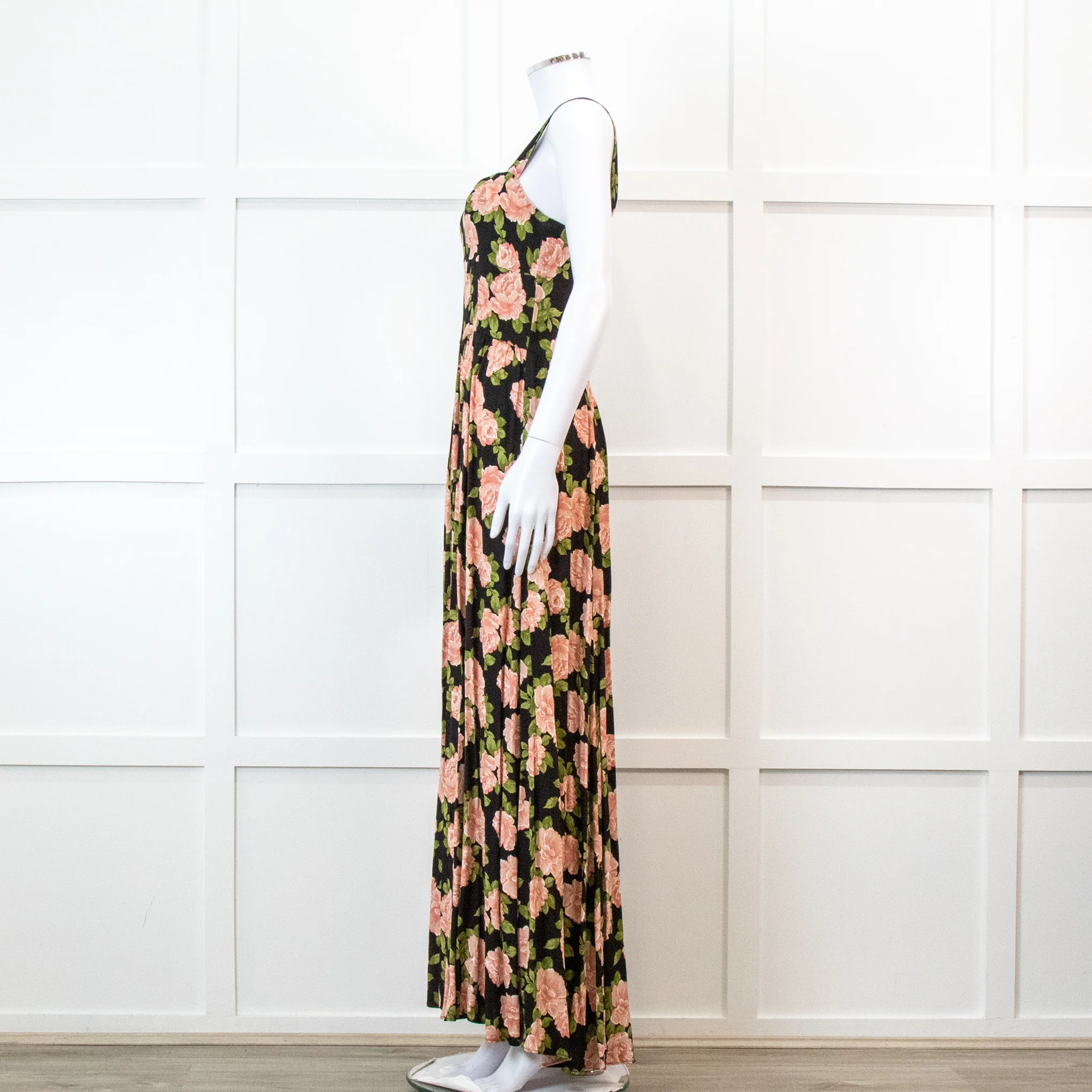 Reformation Black With Pink Floral Print Pleated Maxi Strap Dress - Image 7