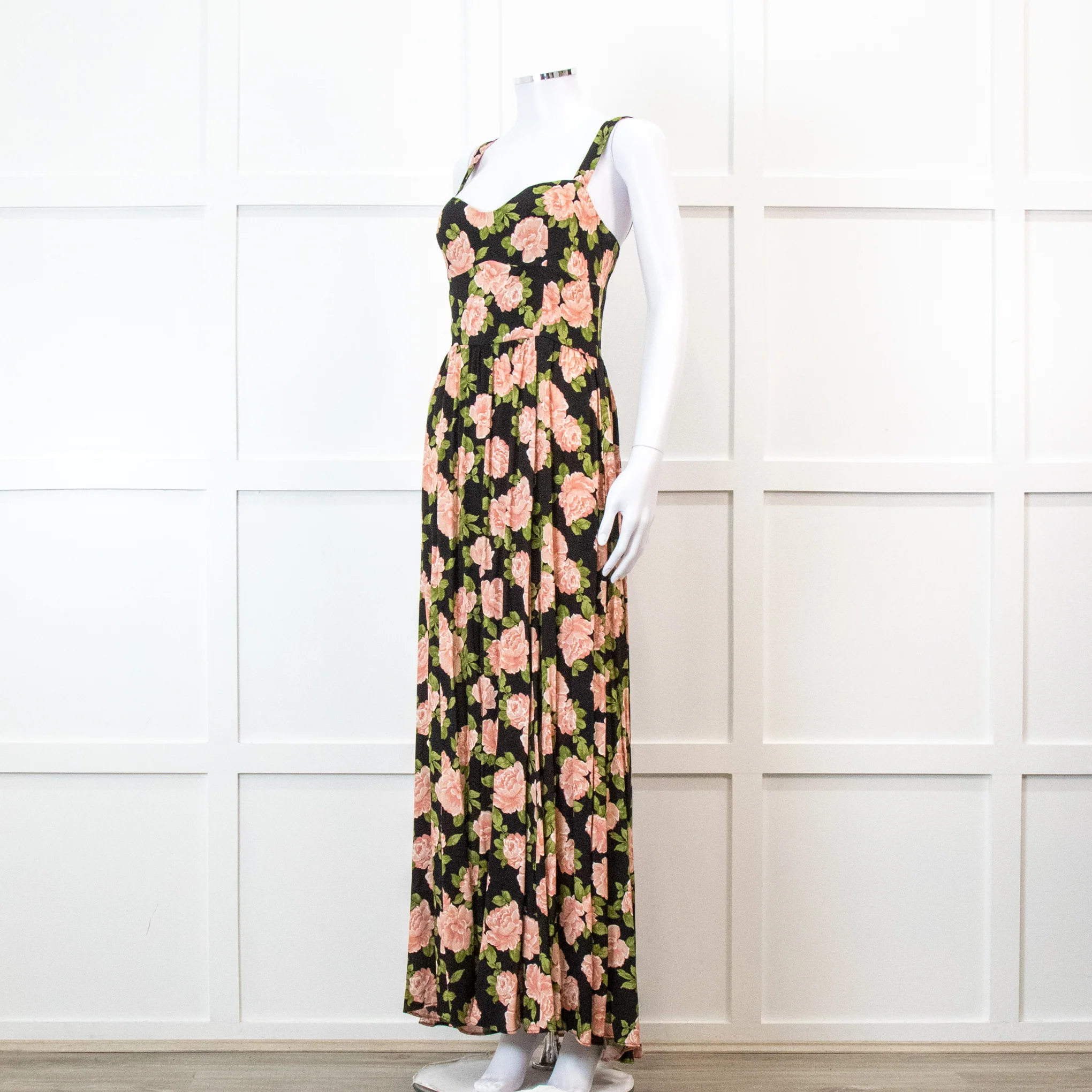 Reformation Black With Pink Floral Print Pleated Maxi Strap Dress - Image 8