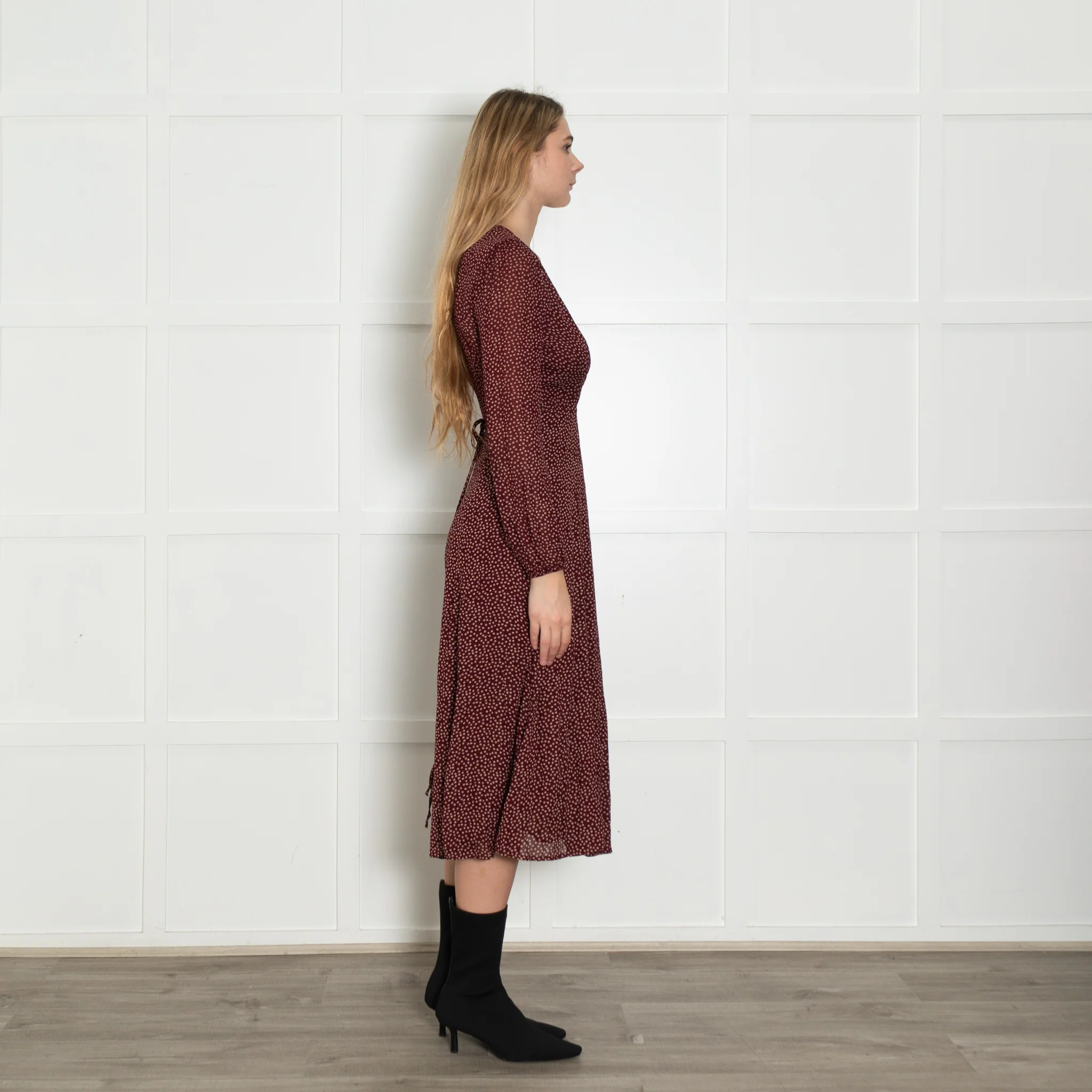 Reformation Burgundy Micro Flower Wrap Dress - Image 6
