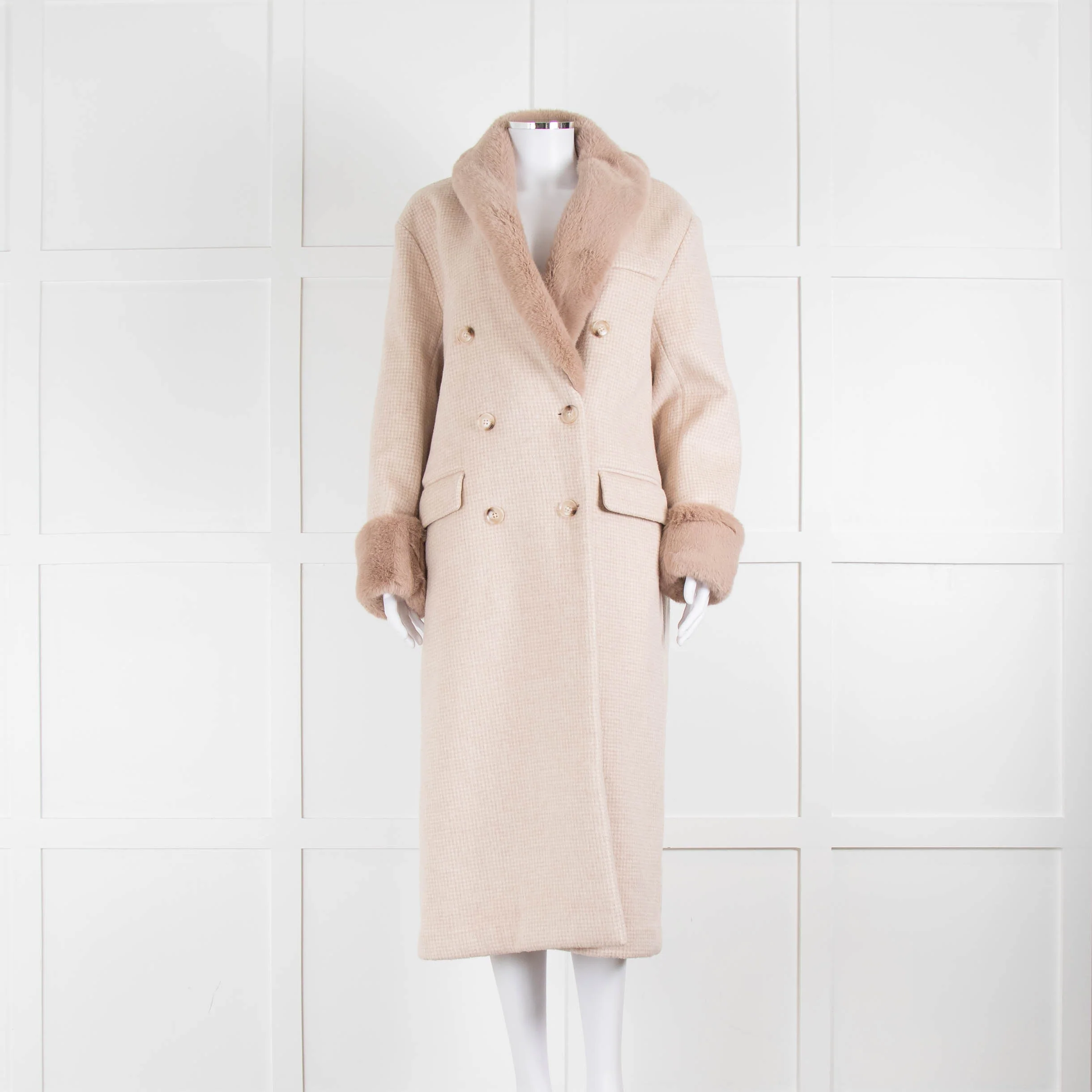 Reformation Cream Neutral Double Breasted Faux Fur Coat
