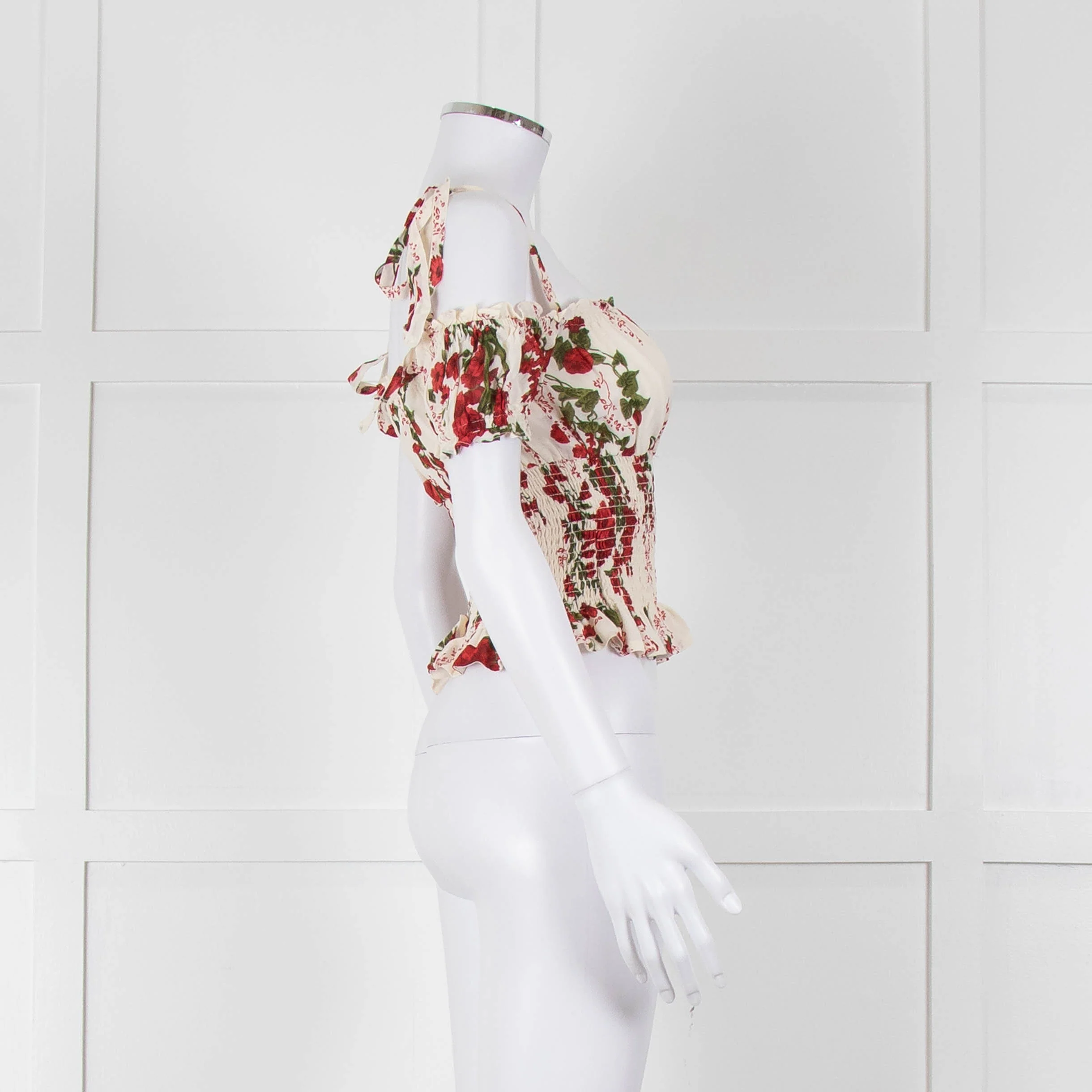 Reformation Cream Red Floral Cropped Elasticated Waist Top - Image 3