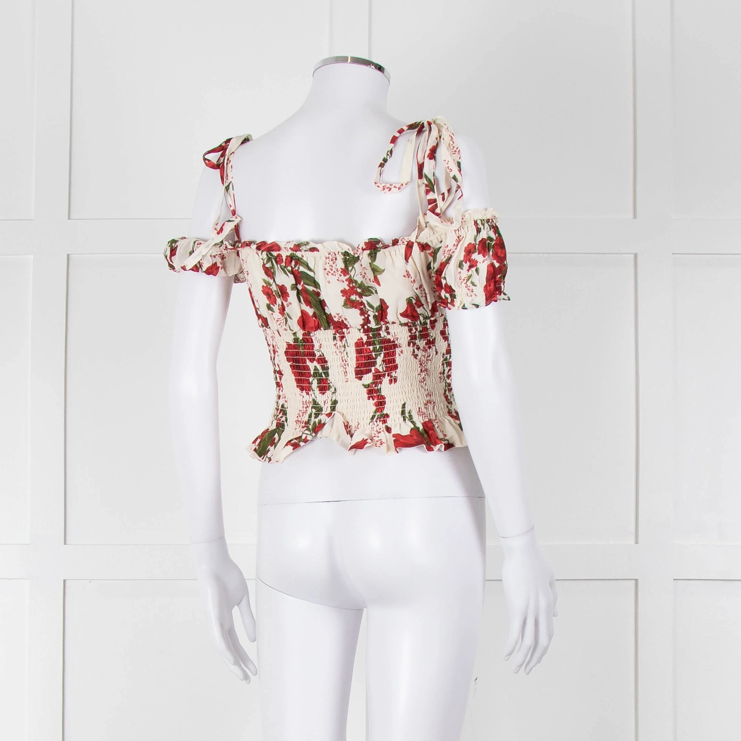 Reformation Cream Red Floral Cropped Elasticated Waist Top - Image 4