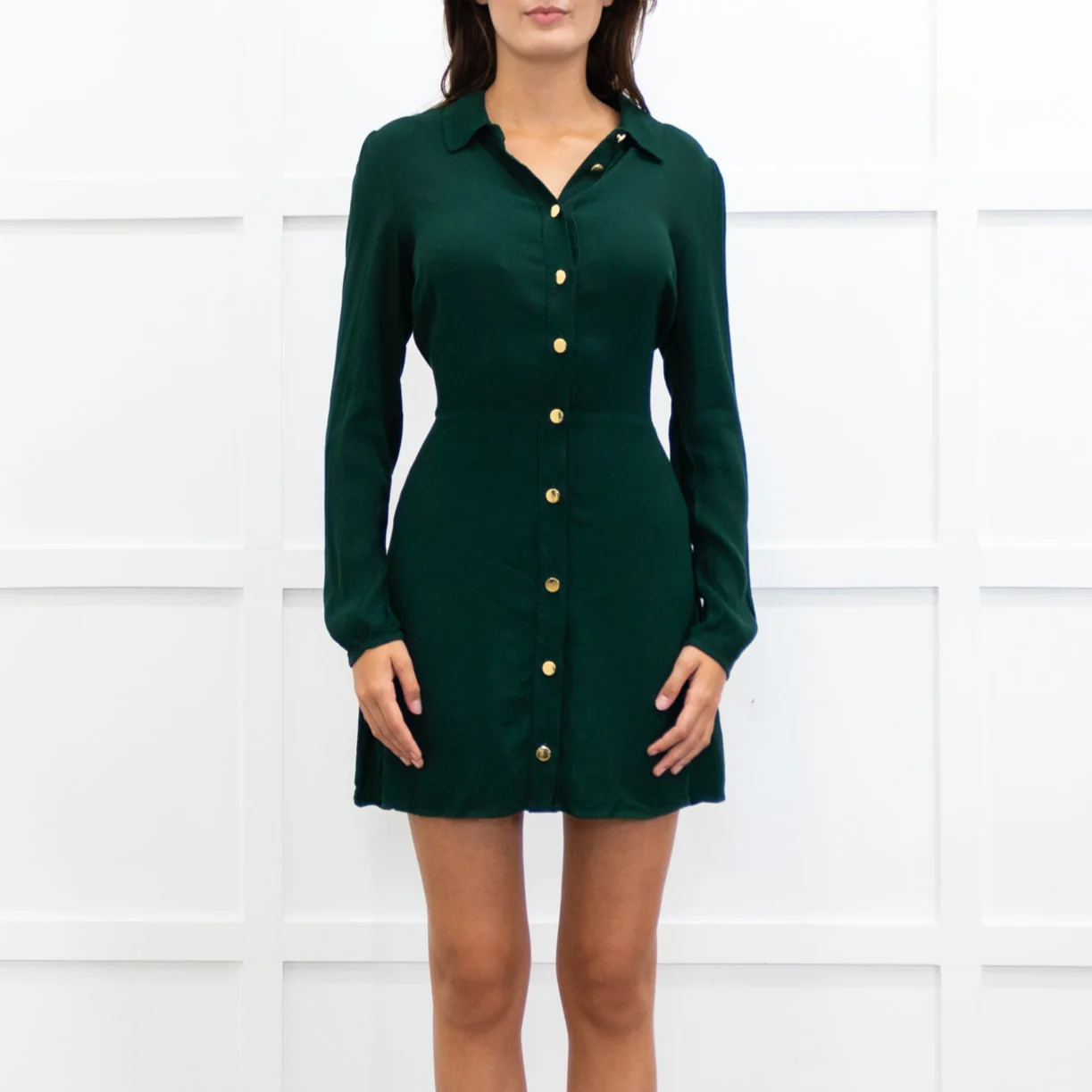 Reformation Green Gold Button Long  Sleeve Mini Dress - Image 2