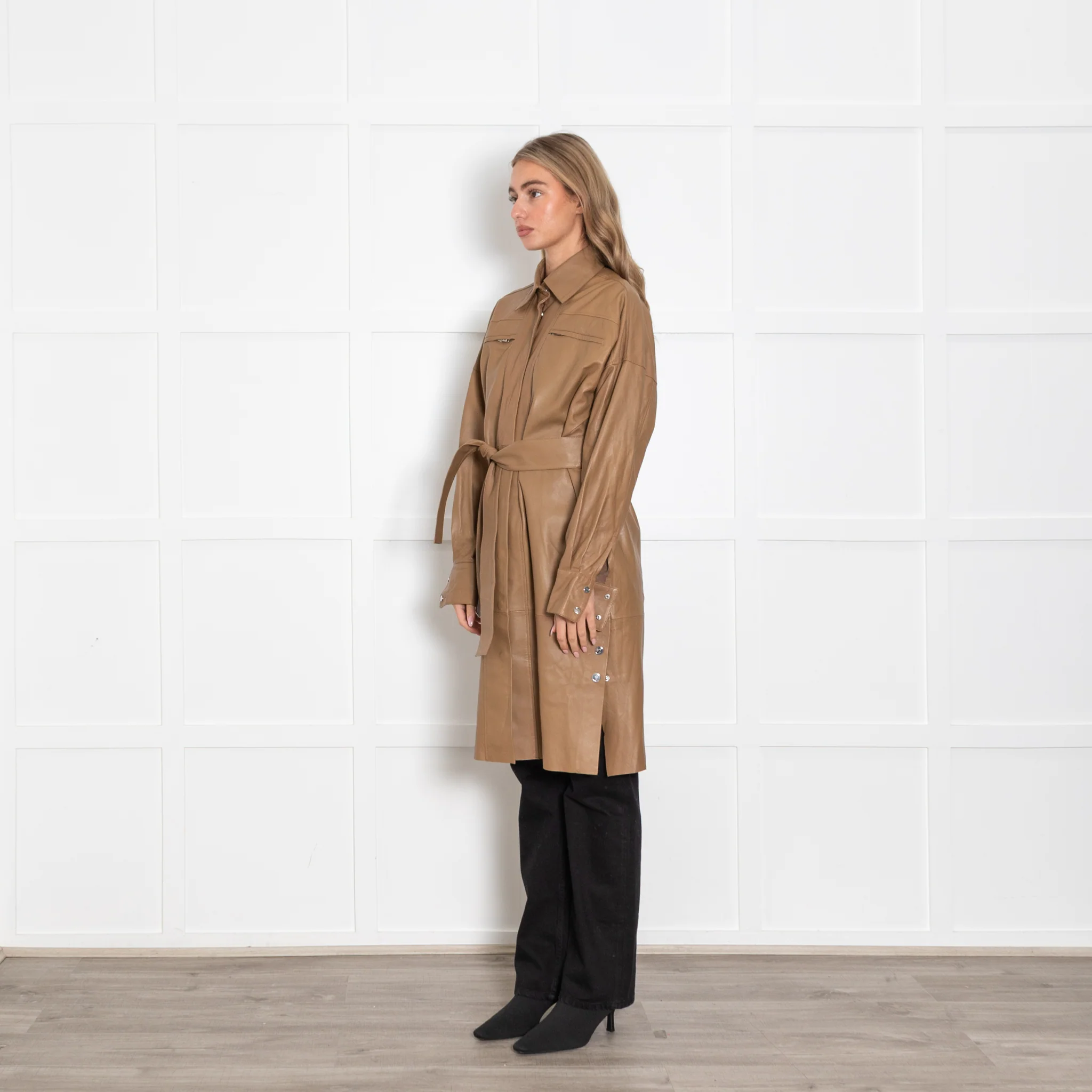 Remain Birger Christensen Tan Leather Shirt/Coat With Belt - Image 3