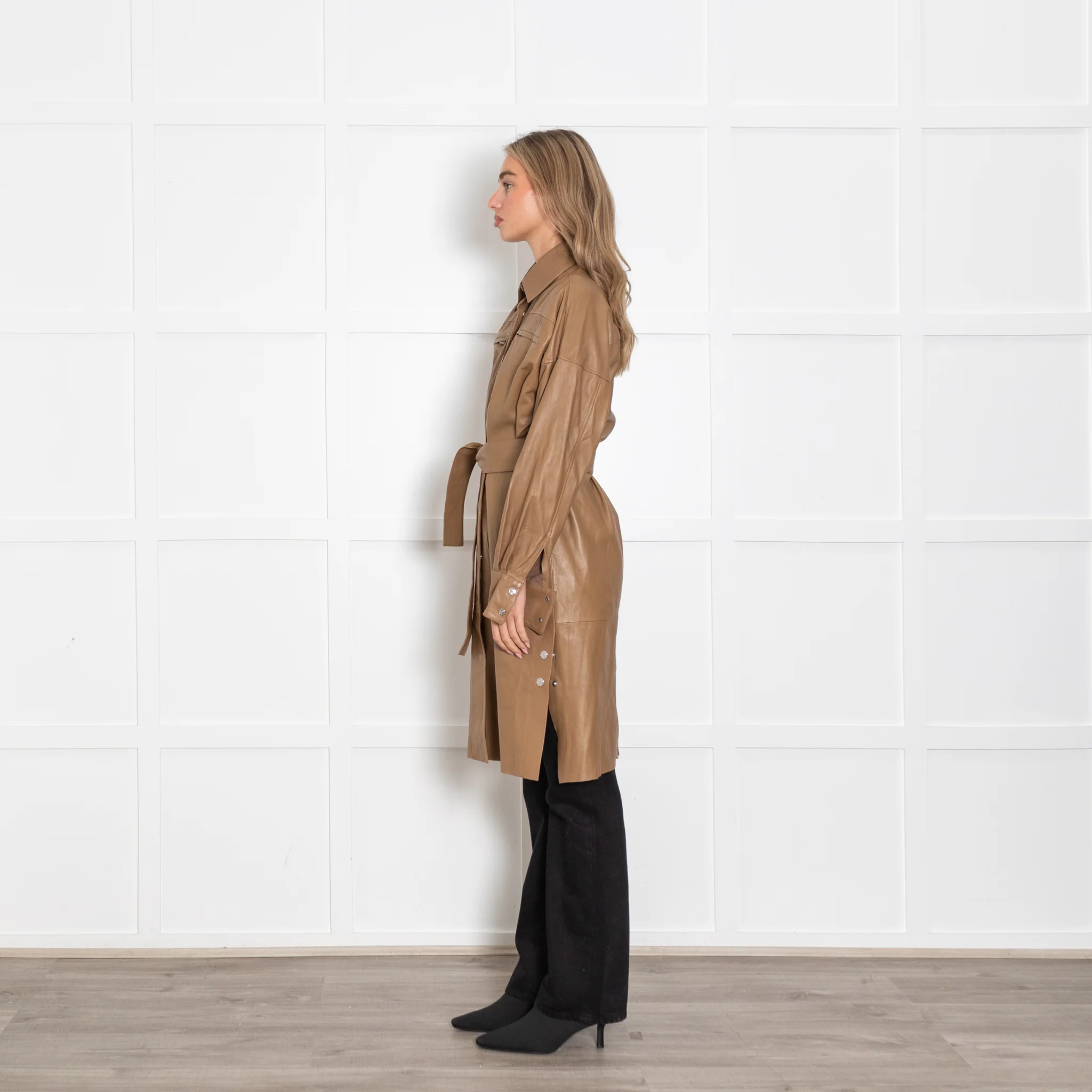 Remain Birger Christensen Tan Leather Shirt/Coat With Belt - Image 4