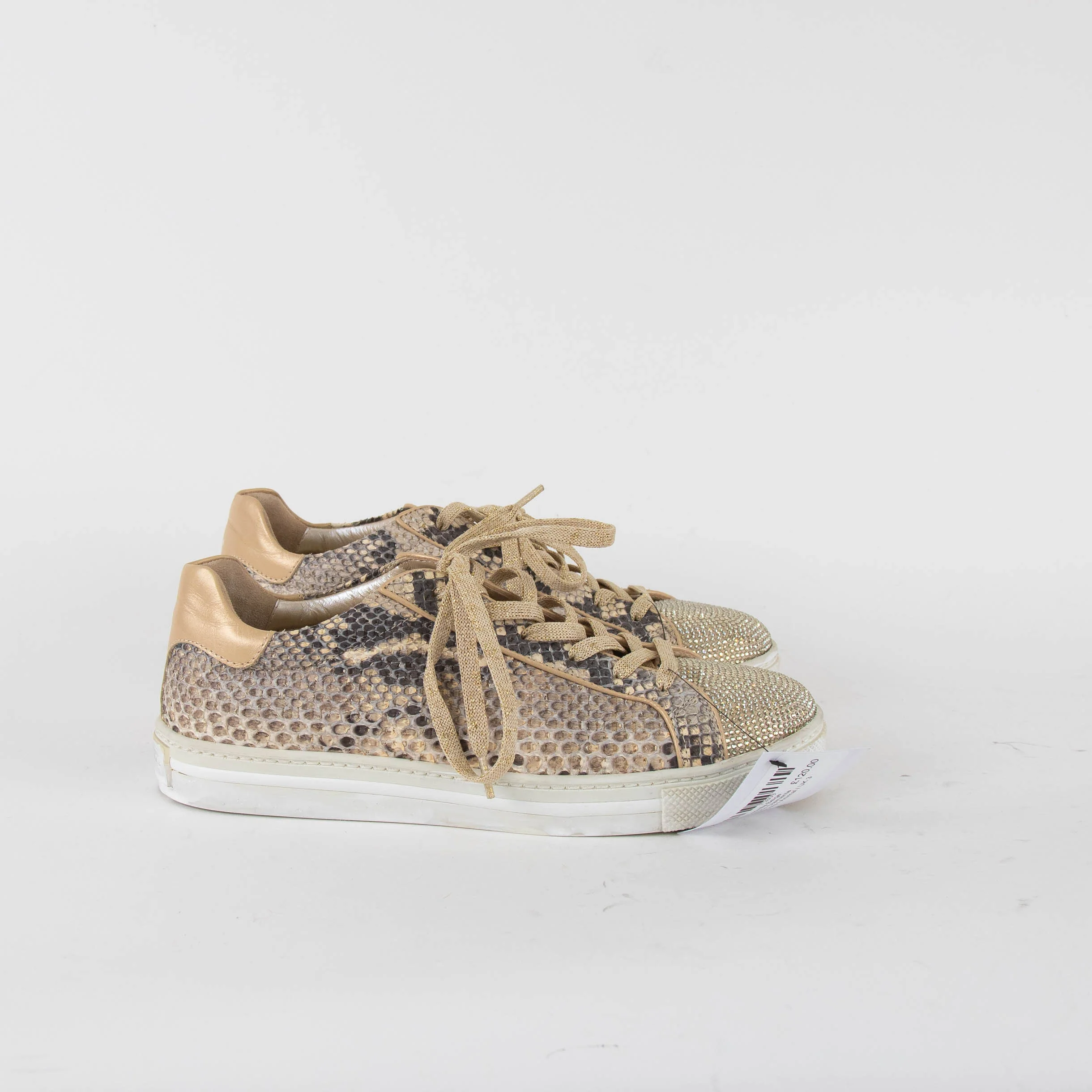 Rene Caovilla Beige Snake Skin Diamante Toe Trainers - Image 5