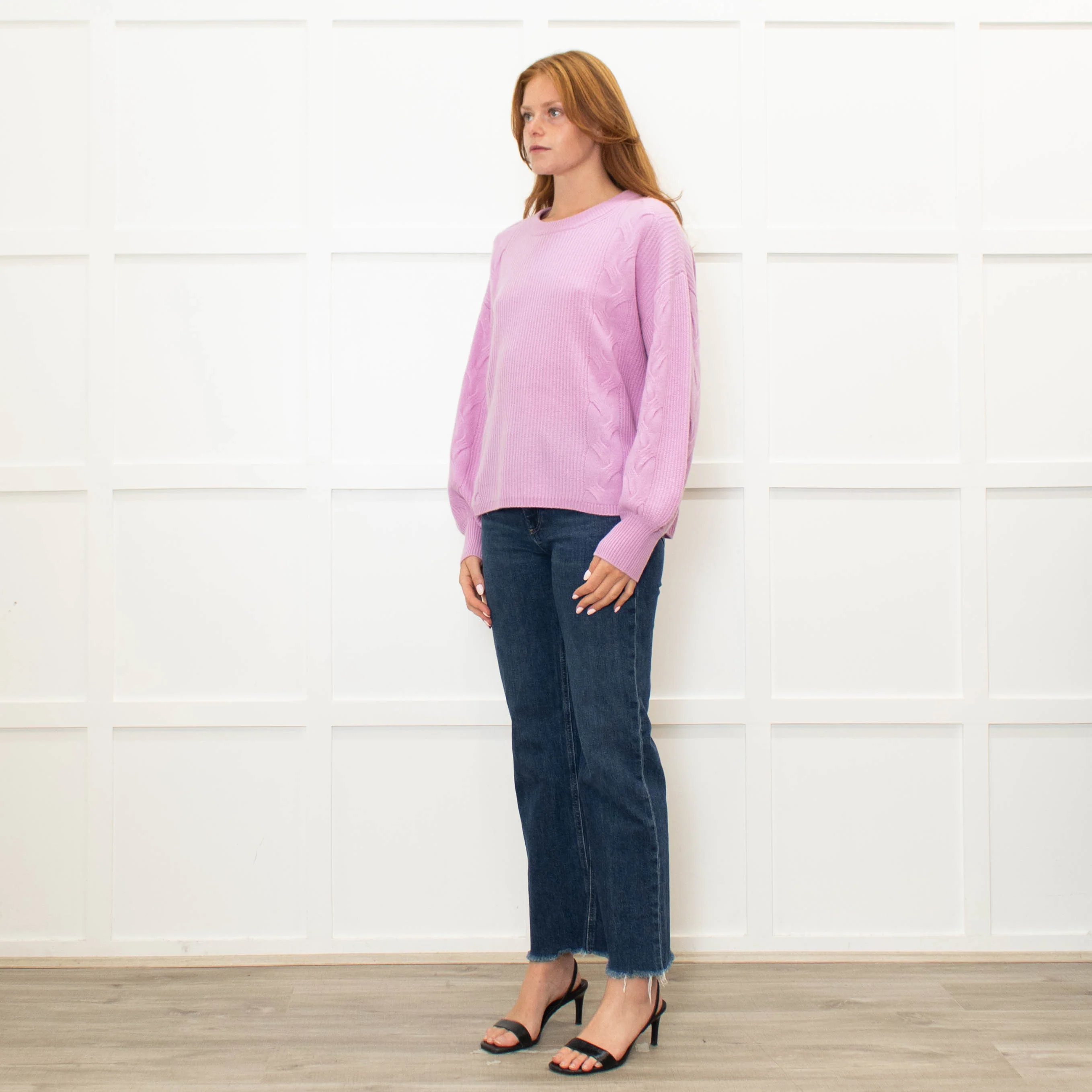 Repeat Lilac Cable Knit Cashmere Jumper with Puff Sleeves - Image 3
