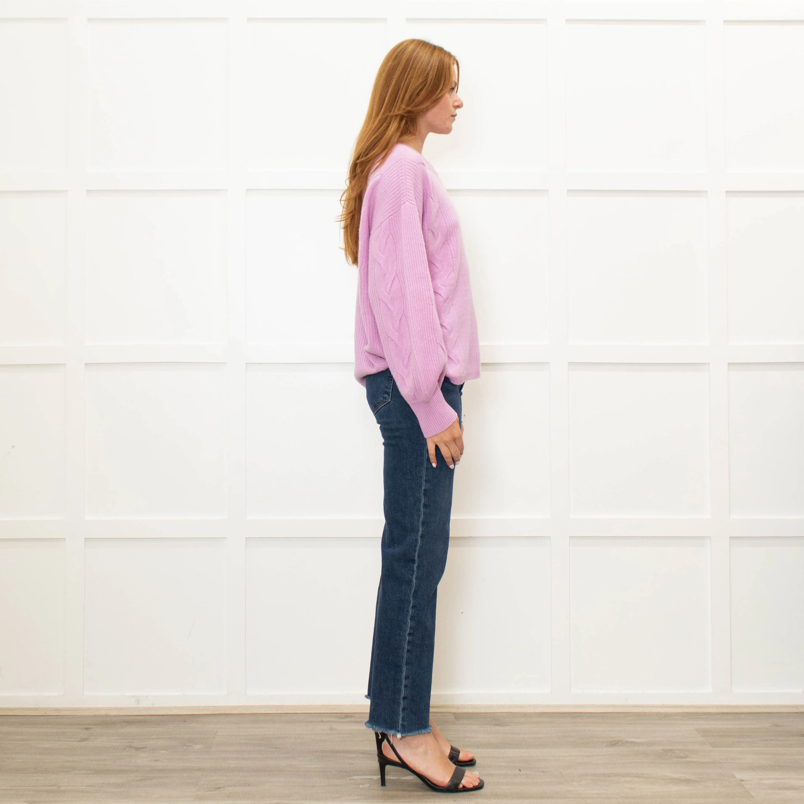 Repeat Lilac Cable Knit Cashmere Jumper with Puff Sleeves - Image 6