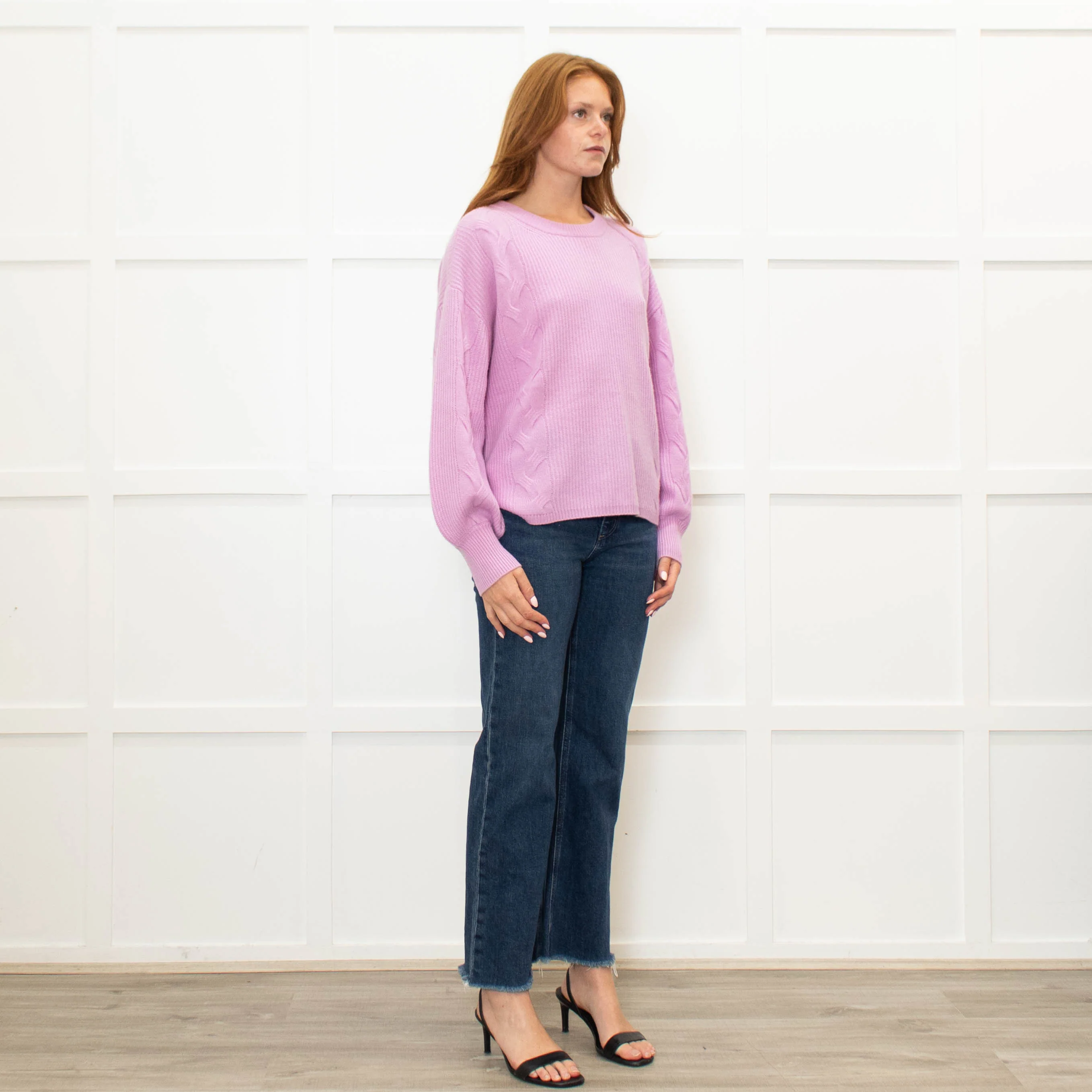 Repeat Lilac Cable Knit Cashmere Jumper with Puff Sleeves - Image 7
