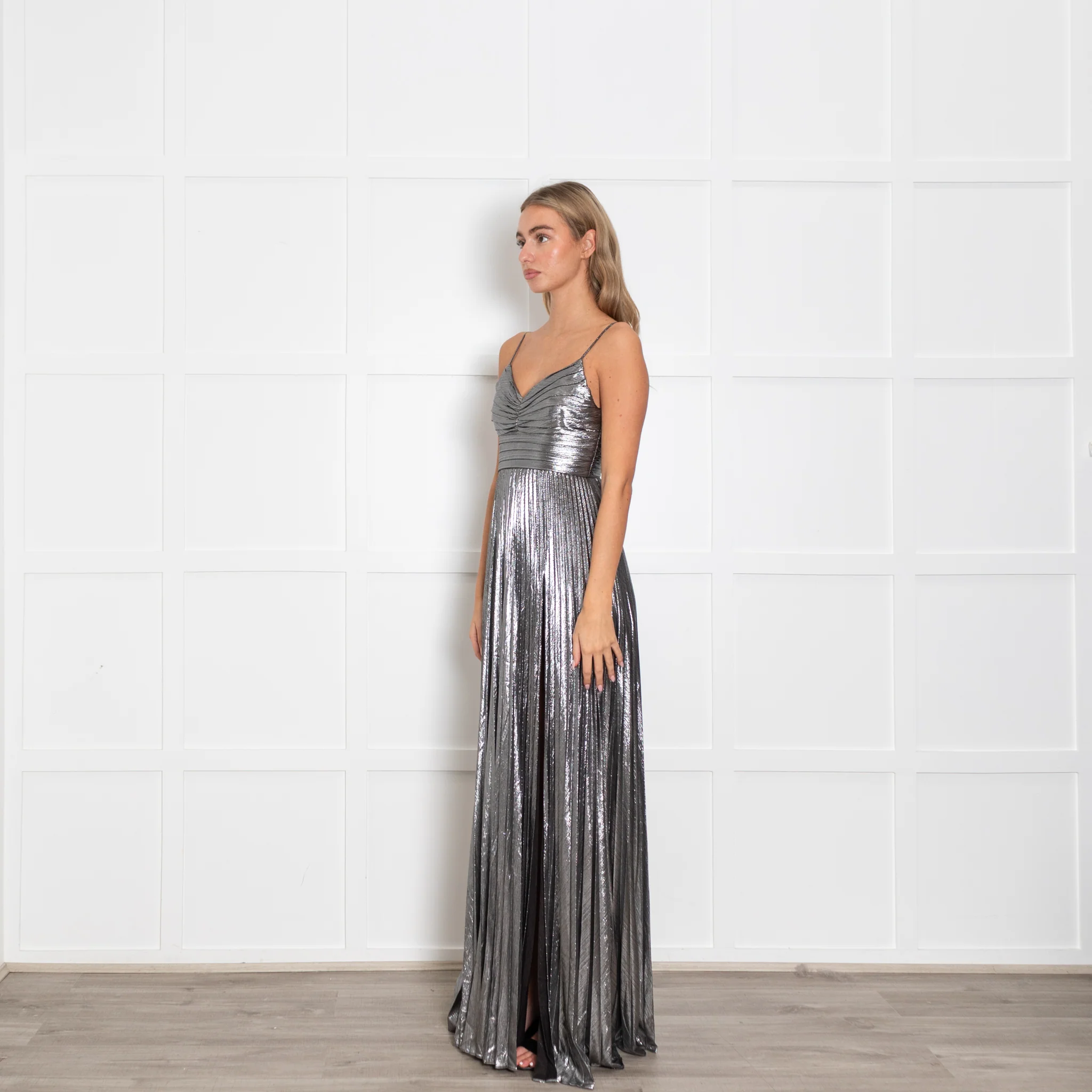 Retrofete Silver Lame Maxi Dress with Micro Pleat Skirt - Image 3
