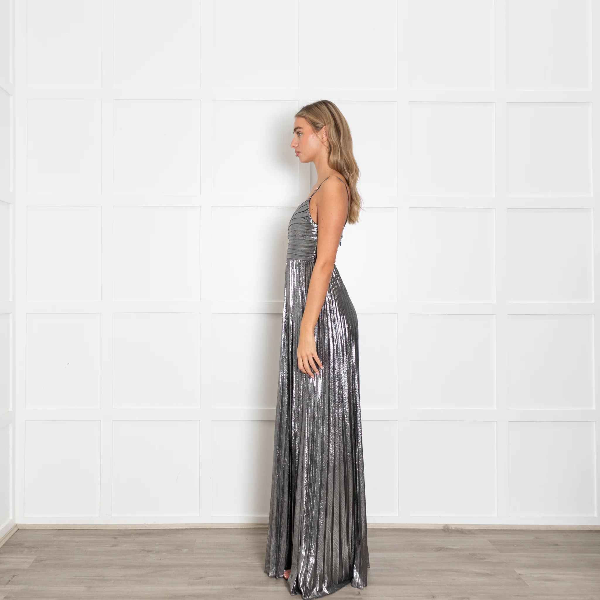 Retrofete Silver Lame Maxi Dress with Micro Pleat Skirt - Image 4