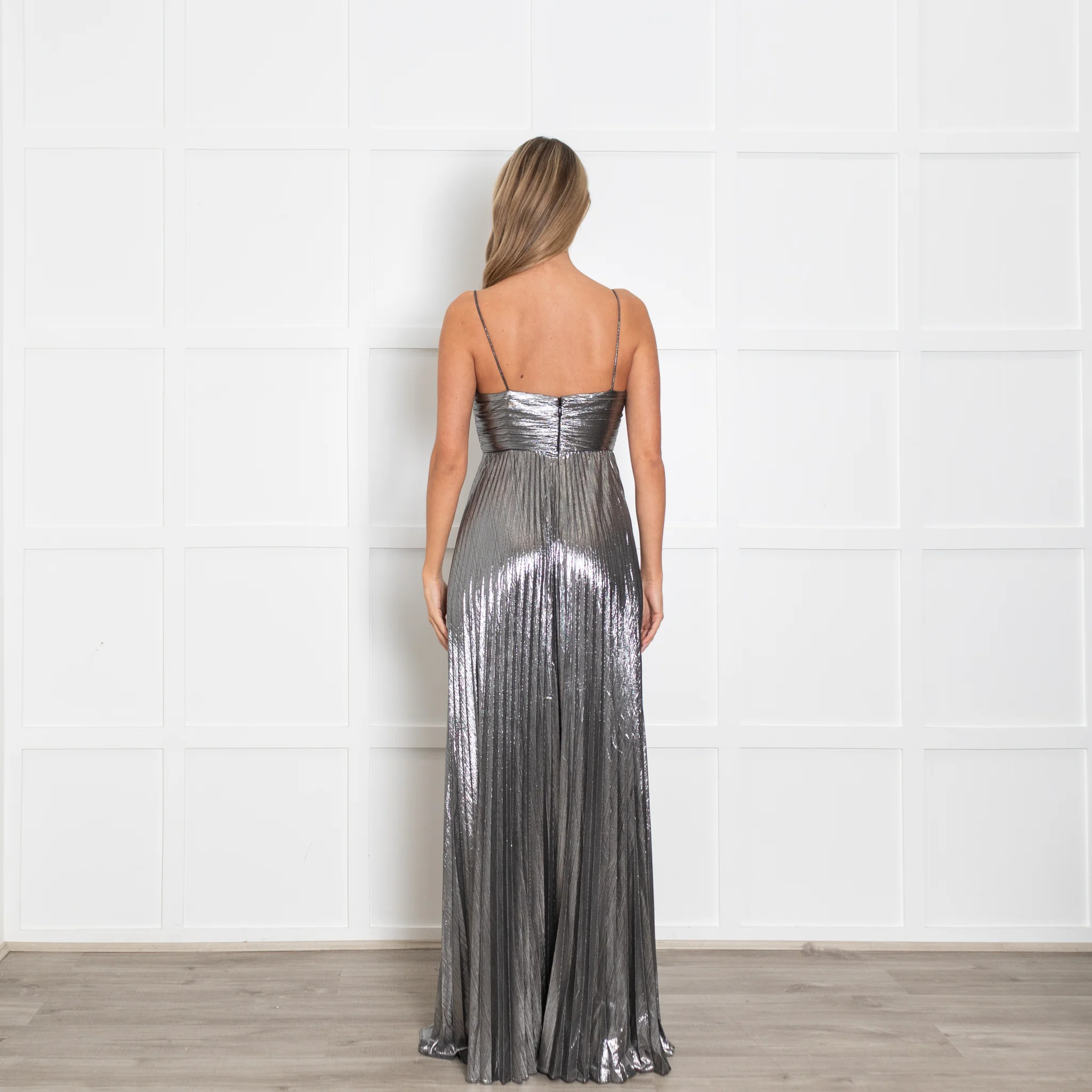 Retrofete Silver Lame Maxi Dress with Micro Pleat Skirt - Image 5