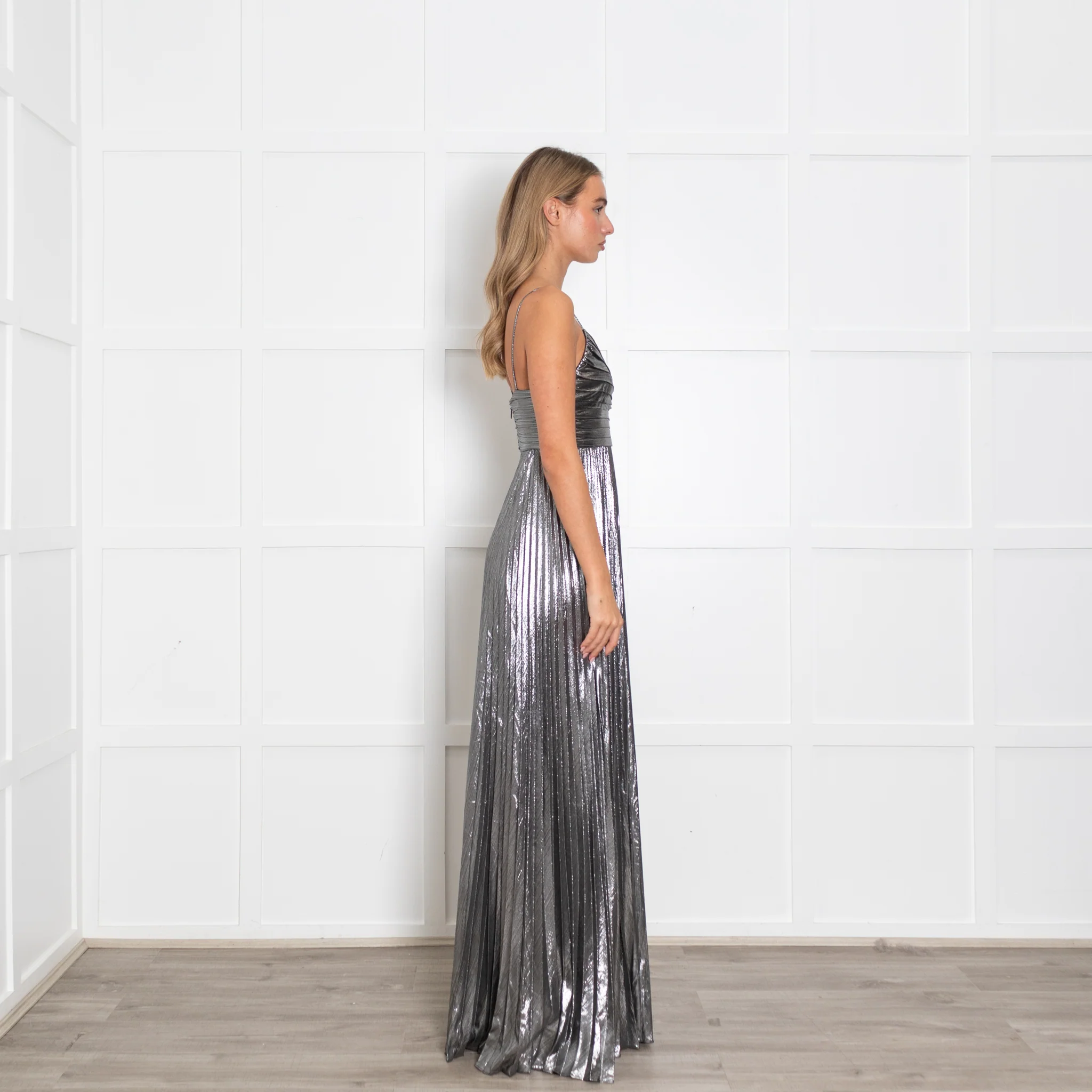 Retrofete Silver Lame Maxi Dress with Micro Pleat Skirt - Image 6