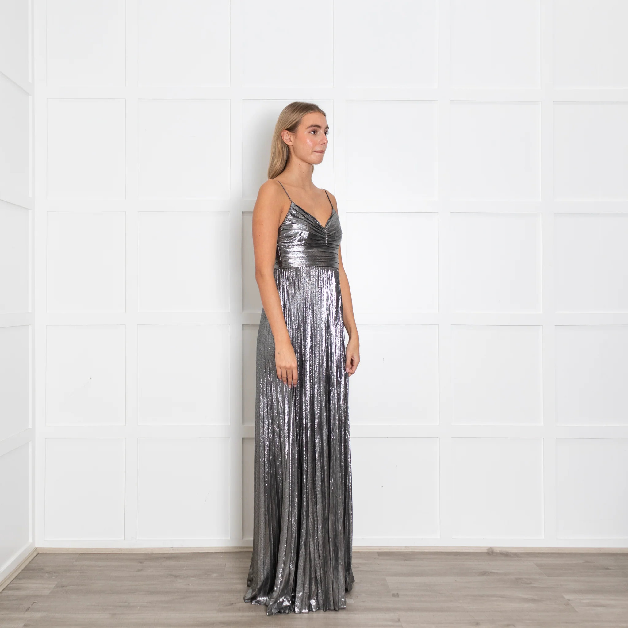 Retrofete Silver Lame Maxi Dress with Micro Pleat Skirt - Image 7