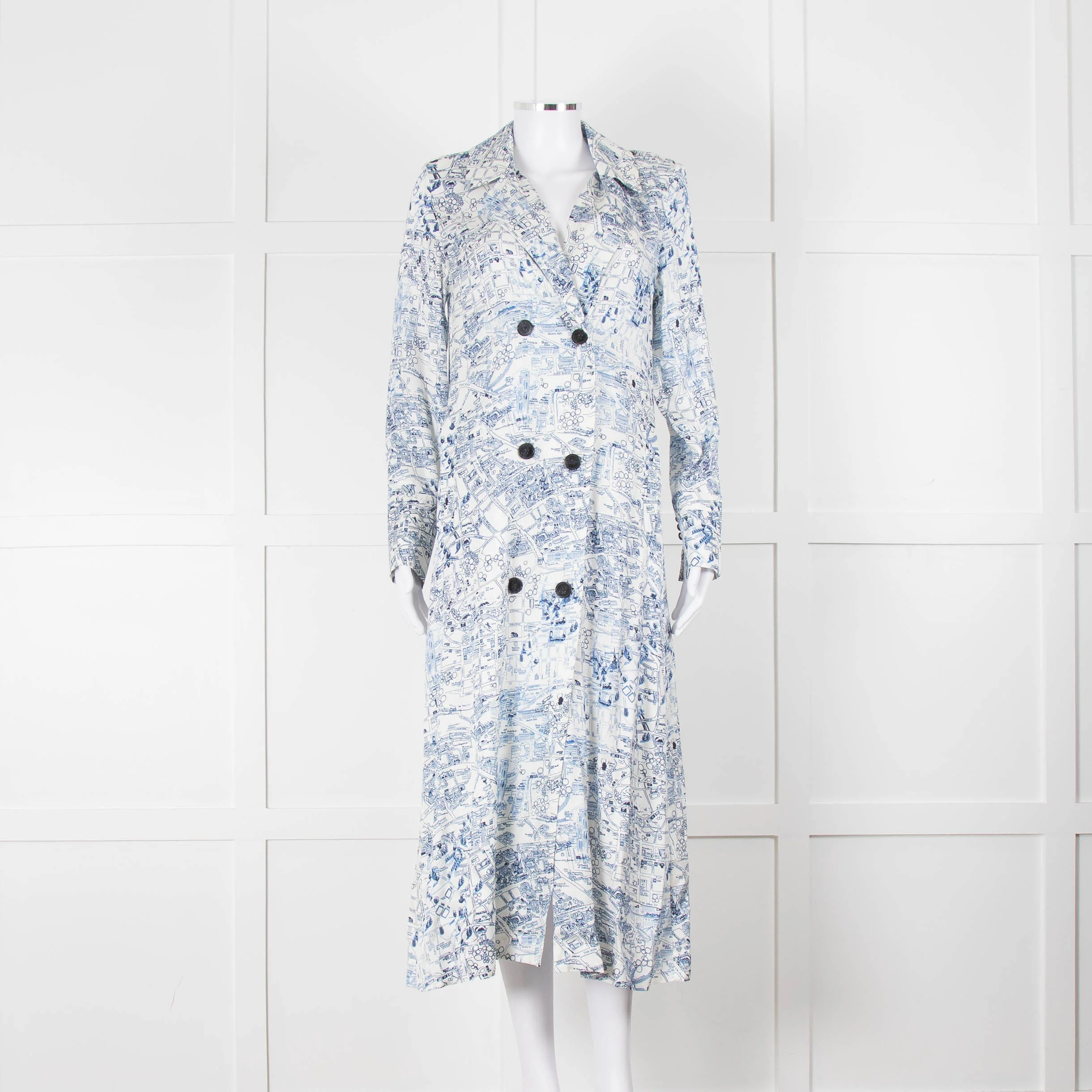 Riani Blue and White Hand-drawn Map Print Double Breasted Dress