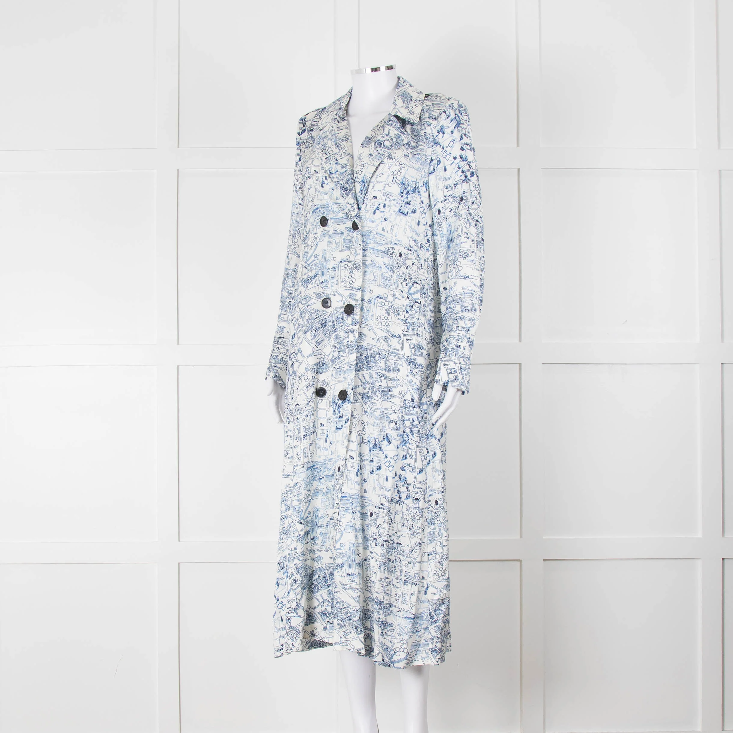 Riani Blue and White Hand-drawn Map Print Double Breasted Dress - Image 8