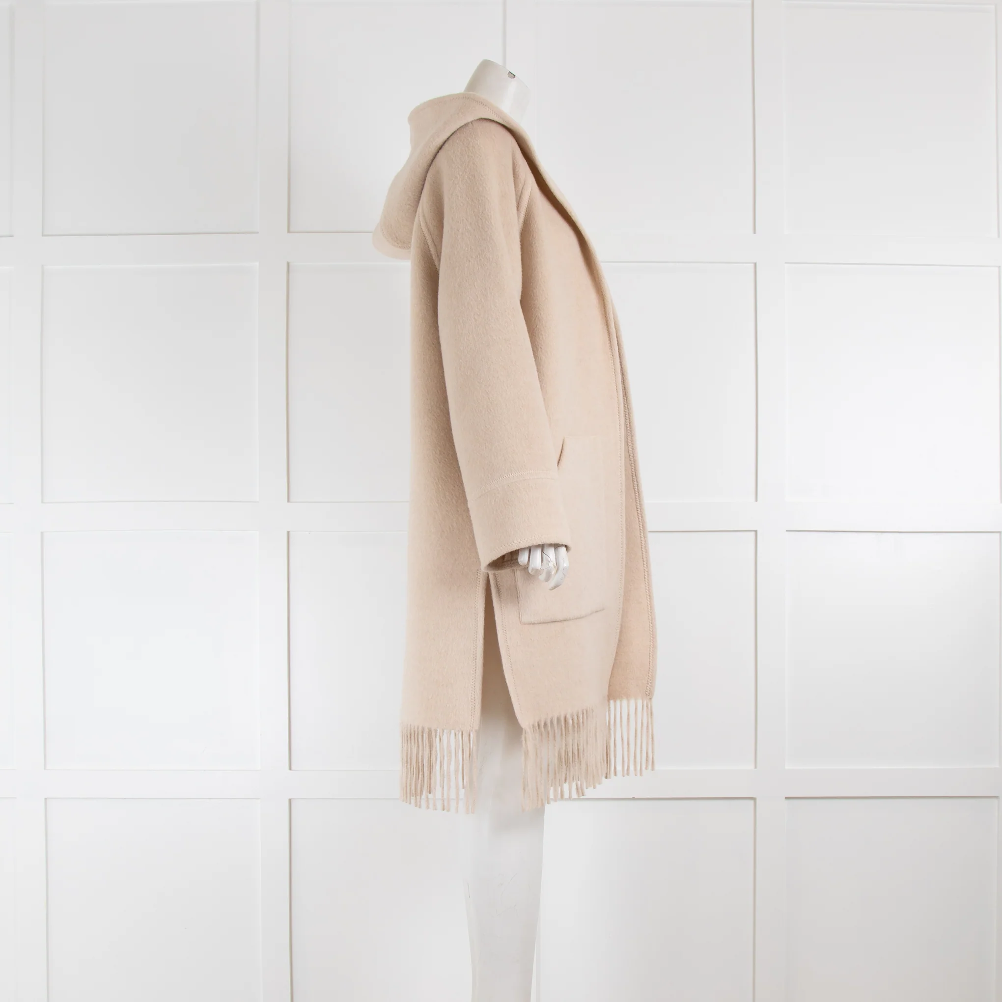 Riani Oatmeal Hooded Fringed Coat - Image 2