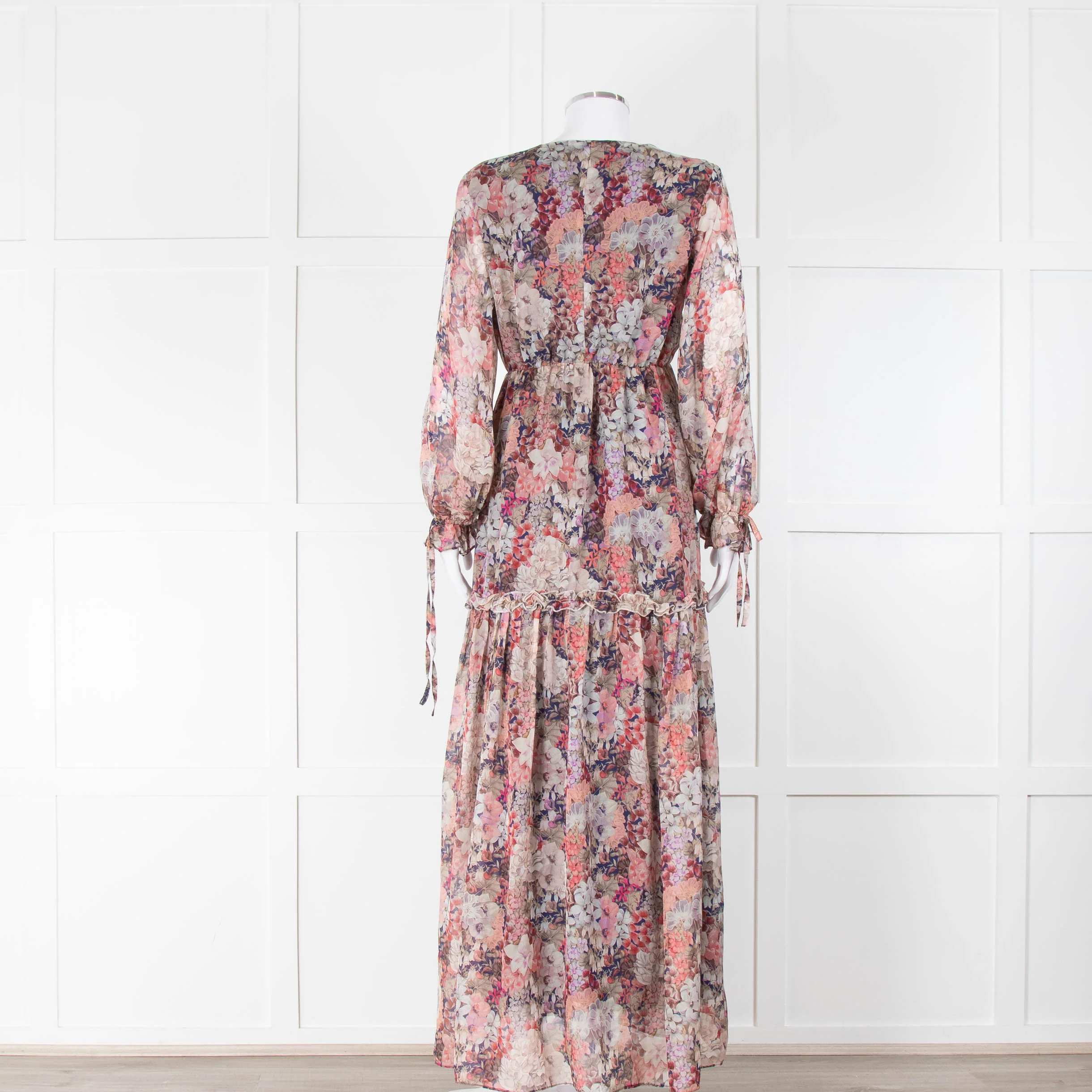 Ridely Purple Peach Floral Silk Long Sleeve Maxi Dress - Image 3