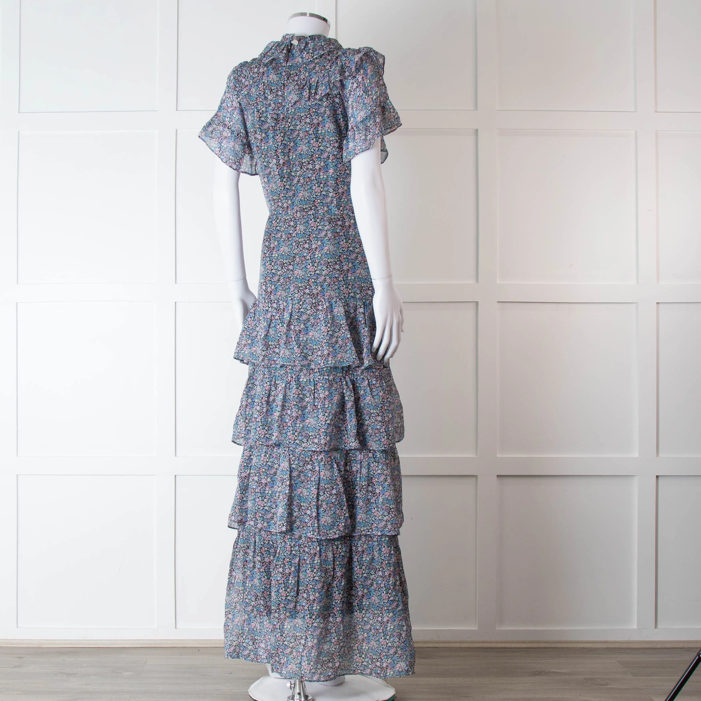 Ridley Black Blue Pink Ditzy Flower Silk Frill Long Dress - Image 4