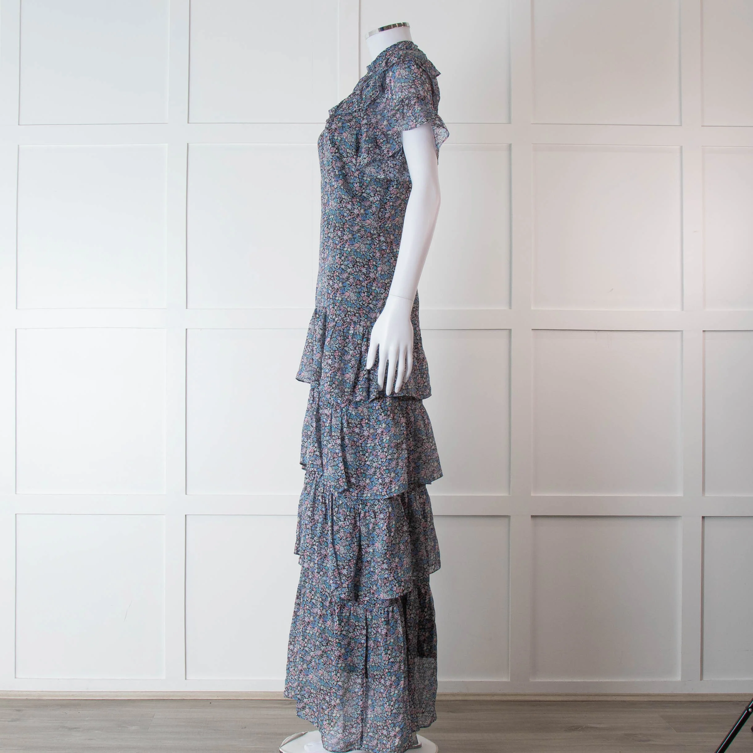 Ridley Black Blue Pink Ditzy Flower Silk Frill Long Dress - Image 7