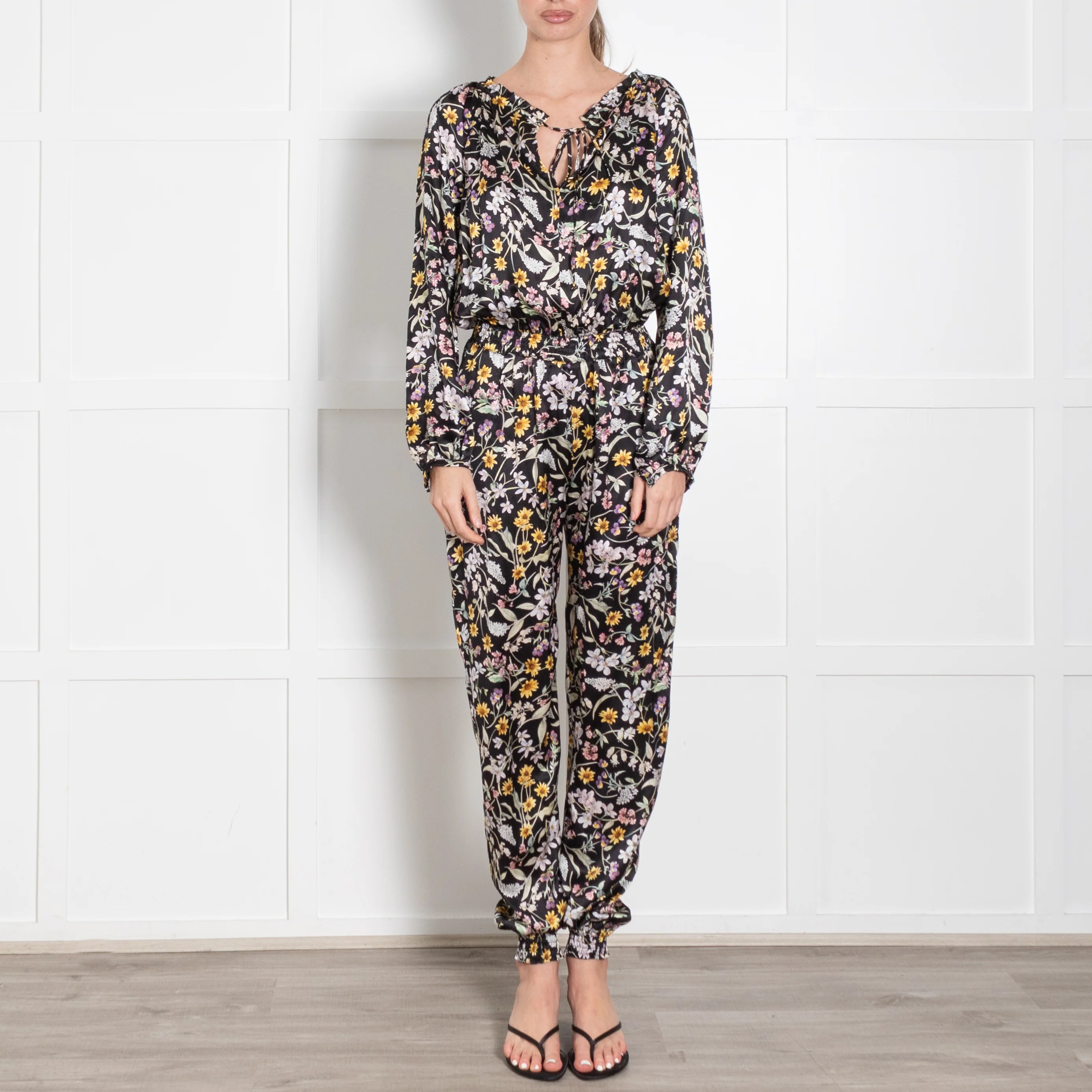 Ridley Black Cream Yellow Floral Elasticated Waist Jumpsuit - Image 2