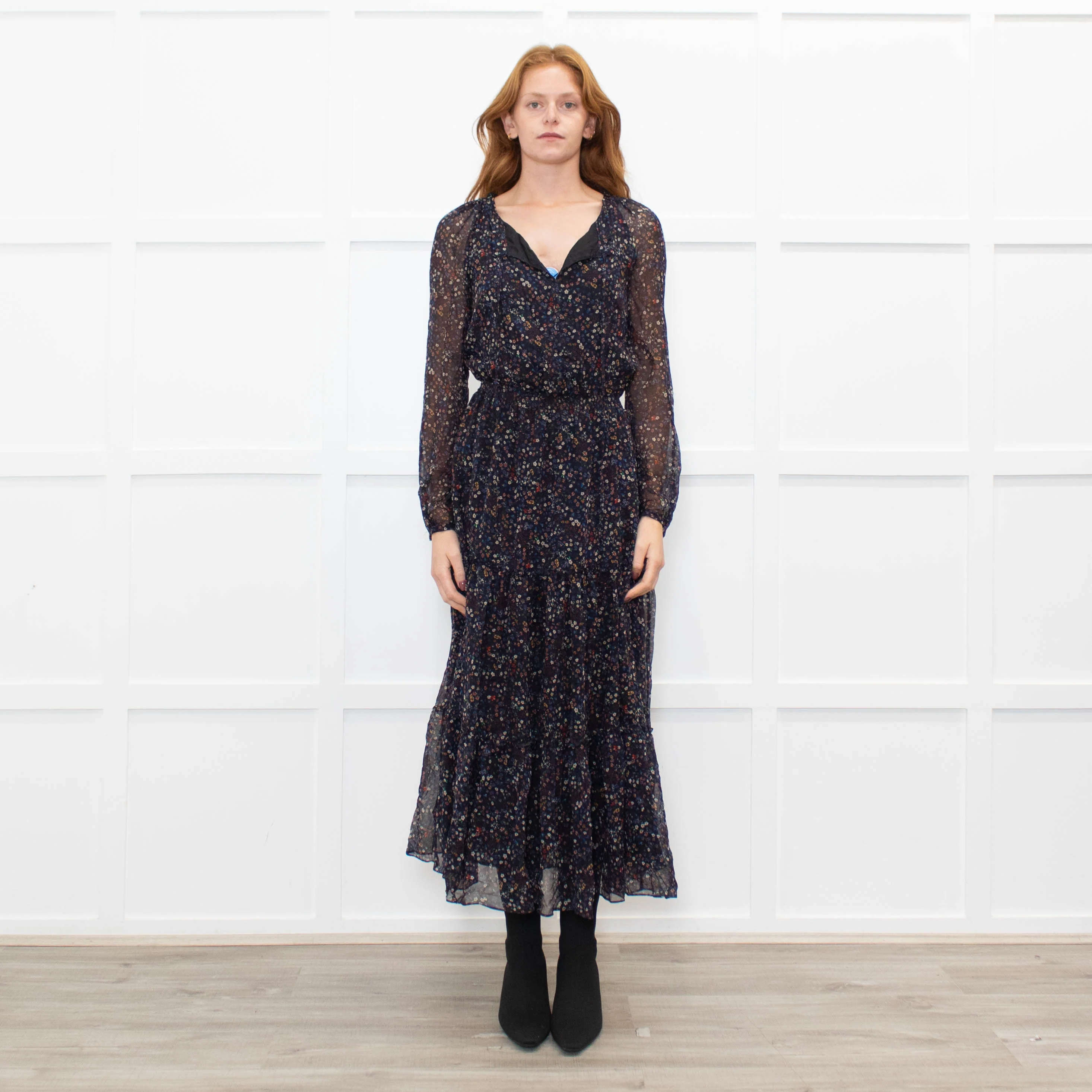 Ridley Navy White Red Floral Elasticated Waist Tiered Silk Dress